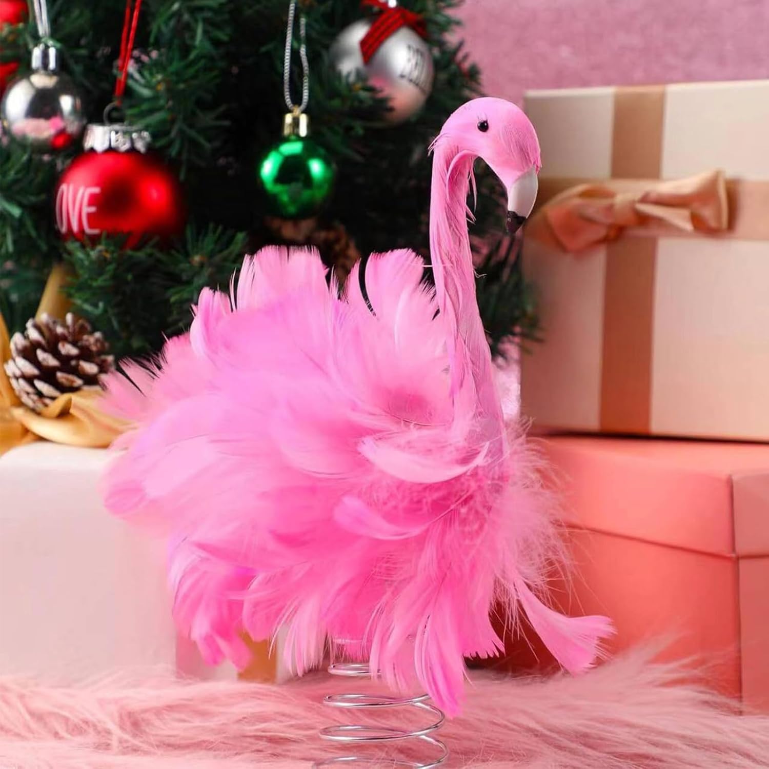 Pink Flamingo Christmas Tree Topper, 11.8 Inch Flamingo Ornaments for Christmas Tree with Fluffy Artificial Feathers, Pink Christmas Decorations for Garden Home Indoor Outdoor Holiday Ornament Party