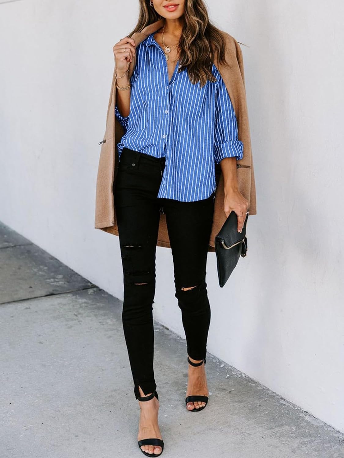 siliteelon Womens Button Down Shirts Cotton Striped Dress Shirt Long Sleeve Collared Office Work Blouses Tops - Image 4