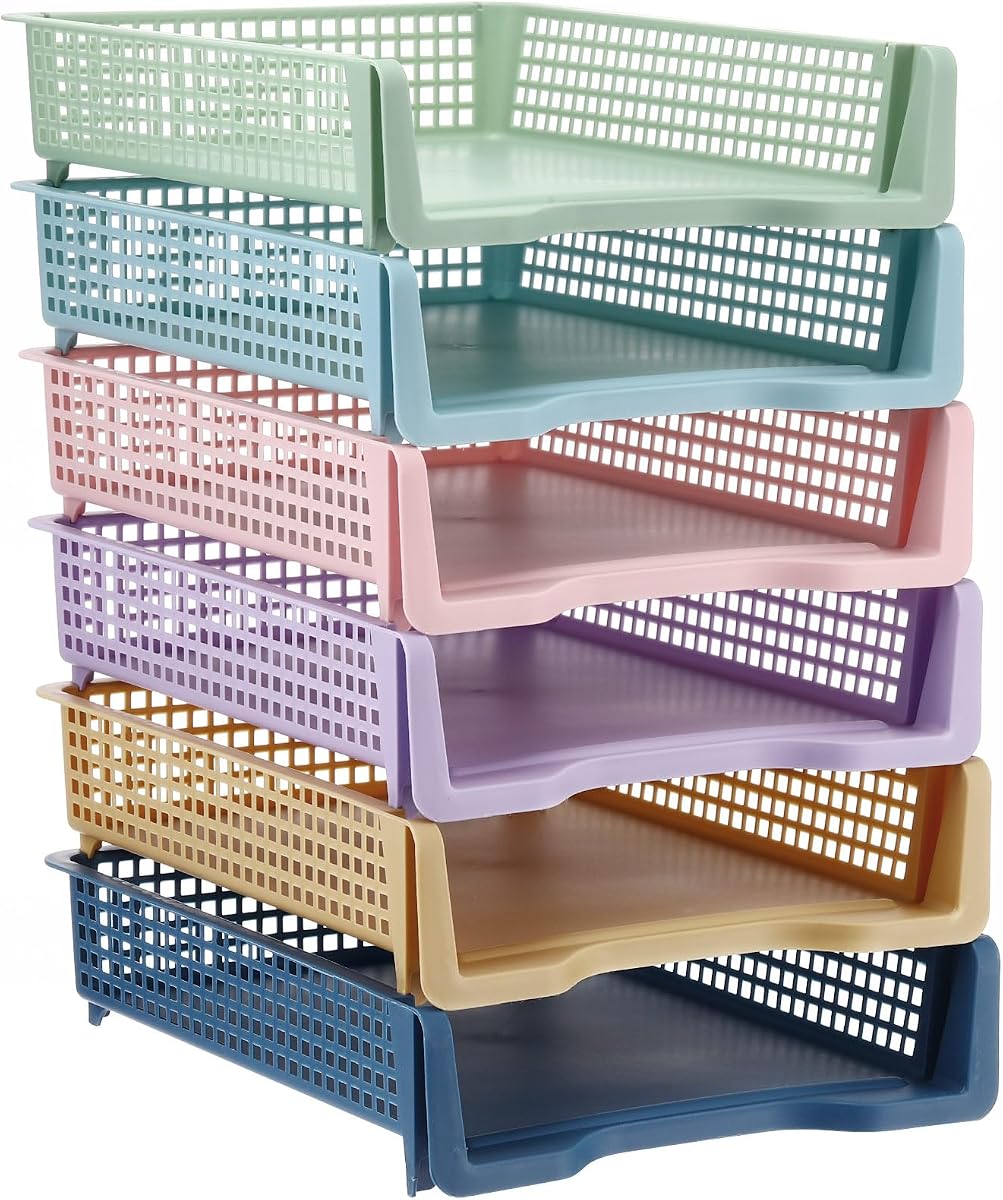 Weysat 6 Pcs Turn in Trays, Classroom Paper Tray, Morandi Pastel, Narrow | Plastic Stackable Turn in Bins, Letter Size, Desk File Organizer, Color Coded for Homework, Teacher Office Document Storage
