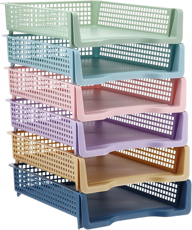 Weysat 6 Pcs Turn in Trays, Classroom Paper Tray, Morandi Pastel, Narrow | Plastic Stackable Turn in Bins, Letter Size, Desk File Organizer, Color Coded for Homework, Teacher Office Document Storage