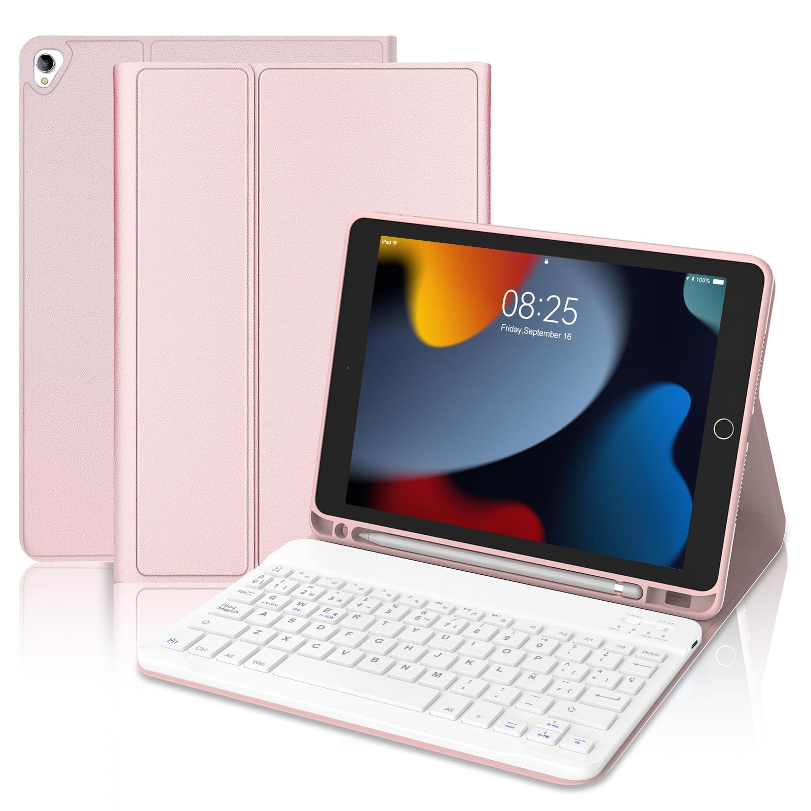 FOGARI Teclado para iPad 9/8/7 Generacion 2021/2020/2019 10.2" | Funda con Español Ñ Teclado Magnético Desmontable Bluetooth para iPad 9/8/7 Generación 10.2 Pulgadas, Rosa