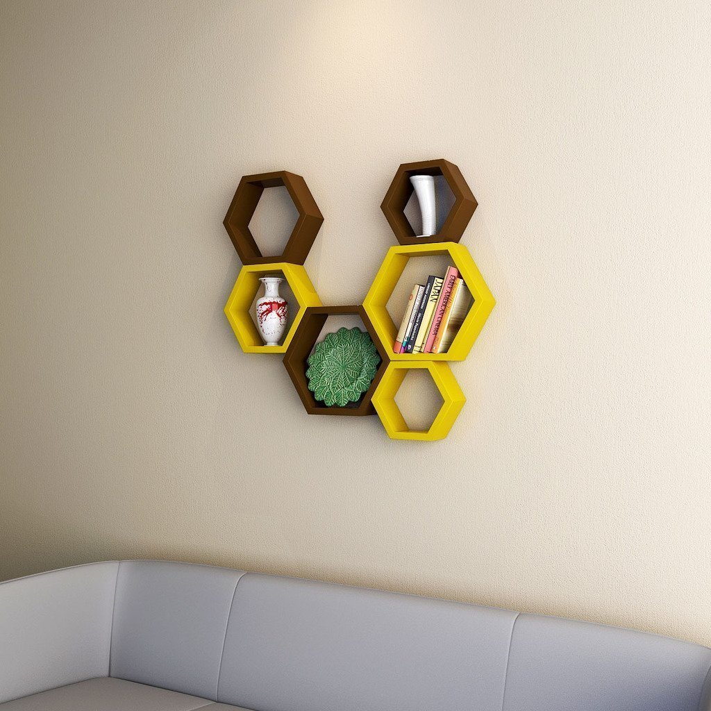 Alpha Mart Hexagonal Shape Floating Wall Mounted Shelf for Living Room | Bed Room | Kitchen | Home Decoration Set of 6 (Yellow and Brown)