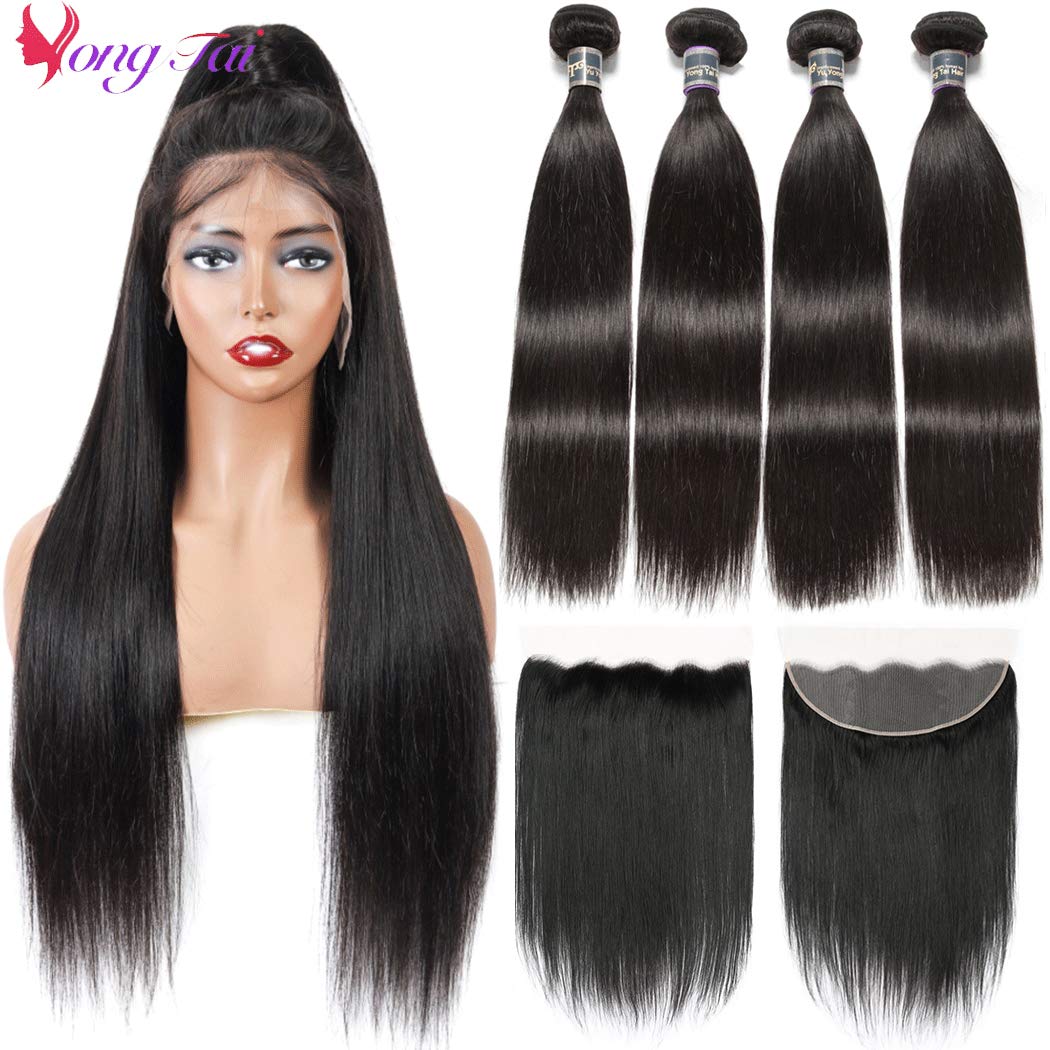 Malaysian Straight Virgin Hair 4 Bundles with Lace Frontal（26 26 26 26 +22) 9A Straight Human Hair Ear to Ear 13x4 Lace Frontal with Bundles 1B Color Unprocessed Human Hair Extension