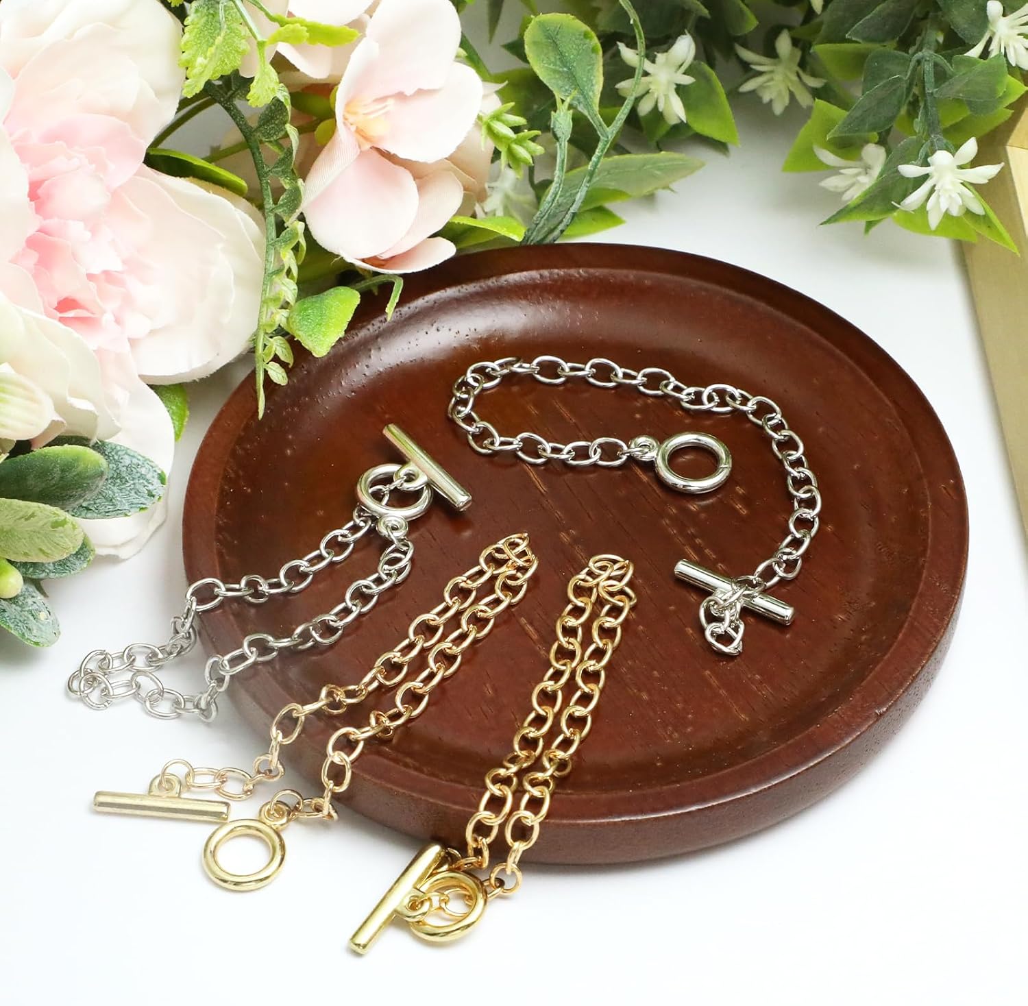 16Pcs Gold Charm Bracelet for Jewelry Making,Charm Bracelet Kit for Women,Link Chain Bracelets with OT Toggle Clasp,Charm Bracelets for Jewelry Making(Gold+Silver) - Image 4