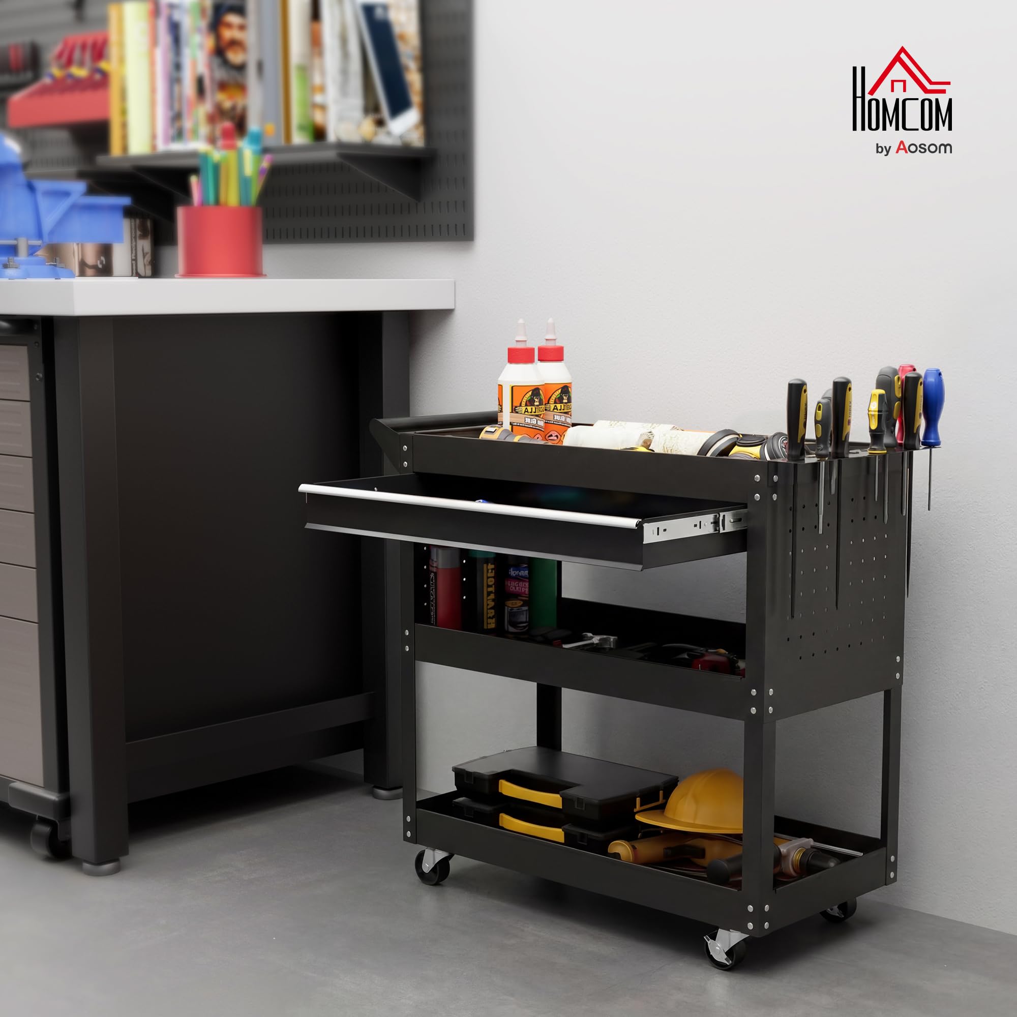 DURHAND - Carro de taller para taller de 3 niveles con cajón, portaherramientas lateral y asa, sirve taller para garaje, almacén, herramientas de bricolaje, 82 x 35 x 76 cm, color negro