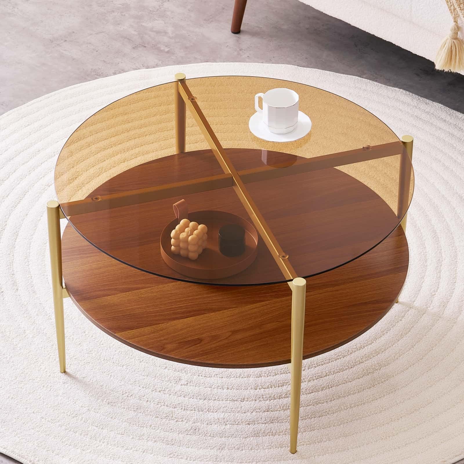 Round Coffee Table Mid-Century Modern Design D30 x H17 for Living Room 2-Tier Structure Amber Glass Top and