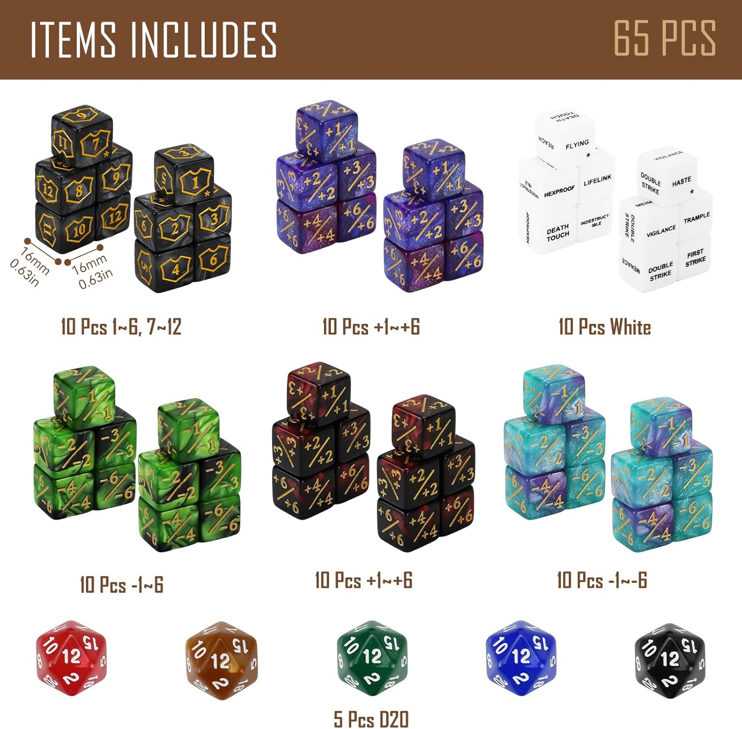 65PCS MTG Dice Keywords Counters Bulk Ability MTG Tokens, Shield Life Counter 6 Sided Dice Set for Magic Card, CCG Creature Stats TCG Cards Gaming Accessories