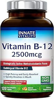 Innate Vitality Vitamin B12 2500mcg, Sublingual Methylcobalamin, Extra Strength for Energy Metabolism, Mental Clarity, Nervous System Health, Peach Flavor, Zero Sugar, 120 Fast Dissolve Tablets