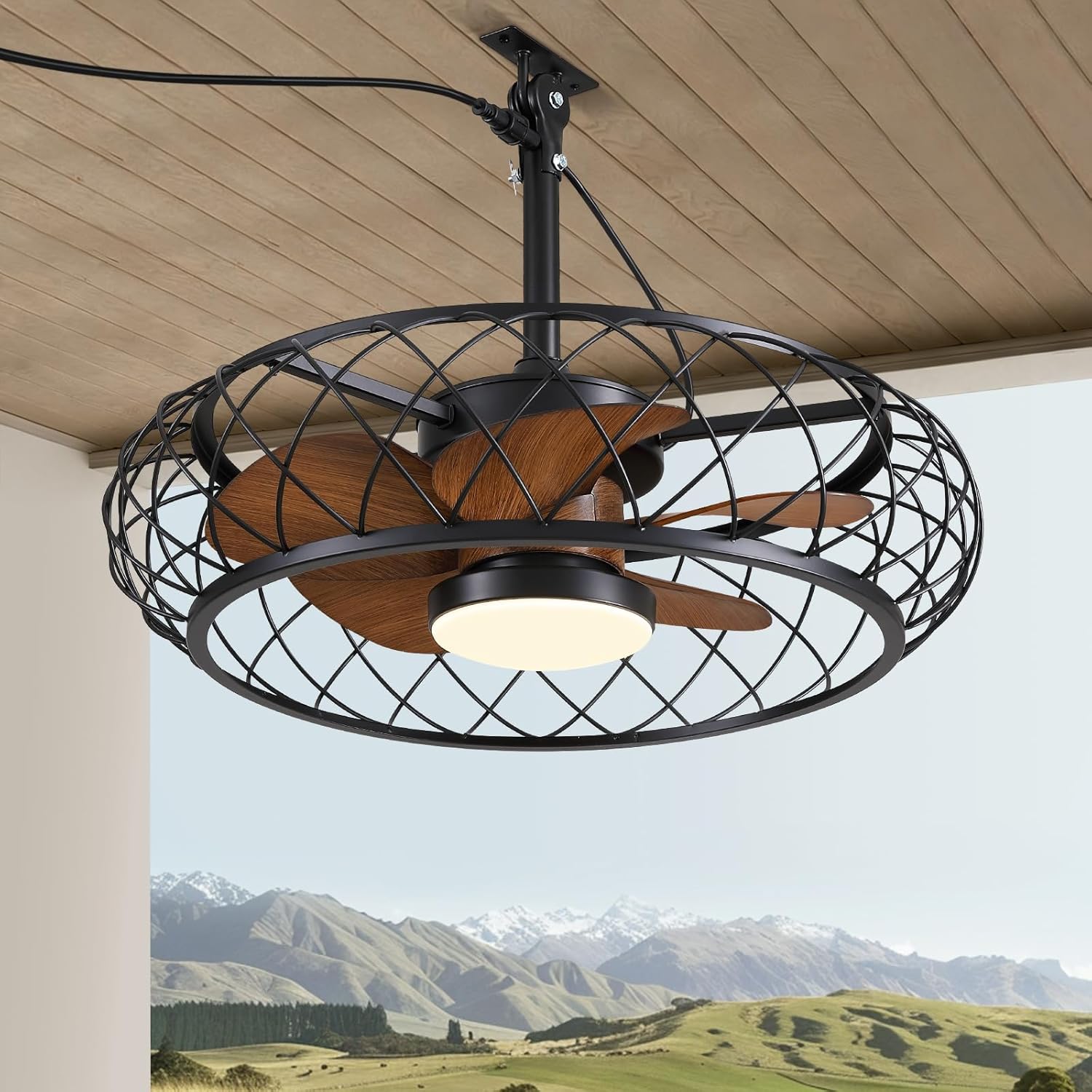 CROSSIO 24" Outdoor Ceiling Fan with Lights Hanging Plug in Caged Outdoor Fan Remote APP Control 3CCT Dimmable, Quiet Reversible DC Motor Waterproof for Patio Pergola Porch Canopy Walnut