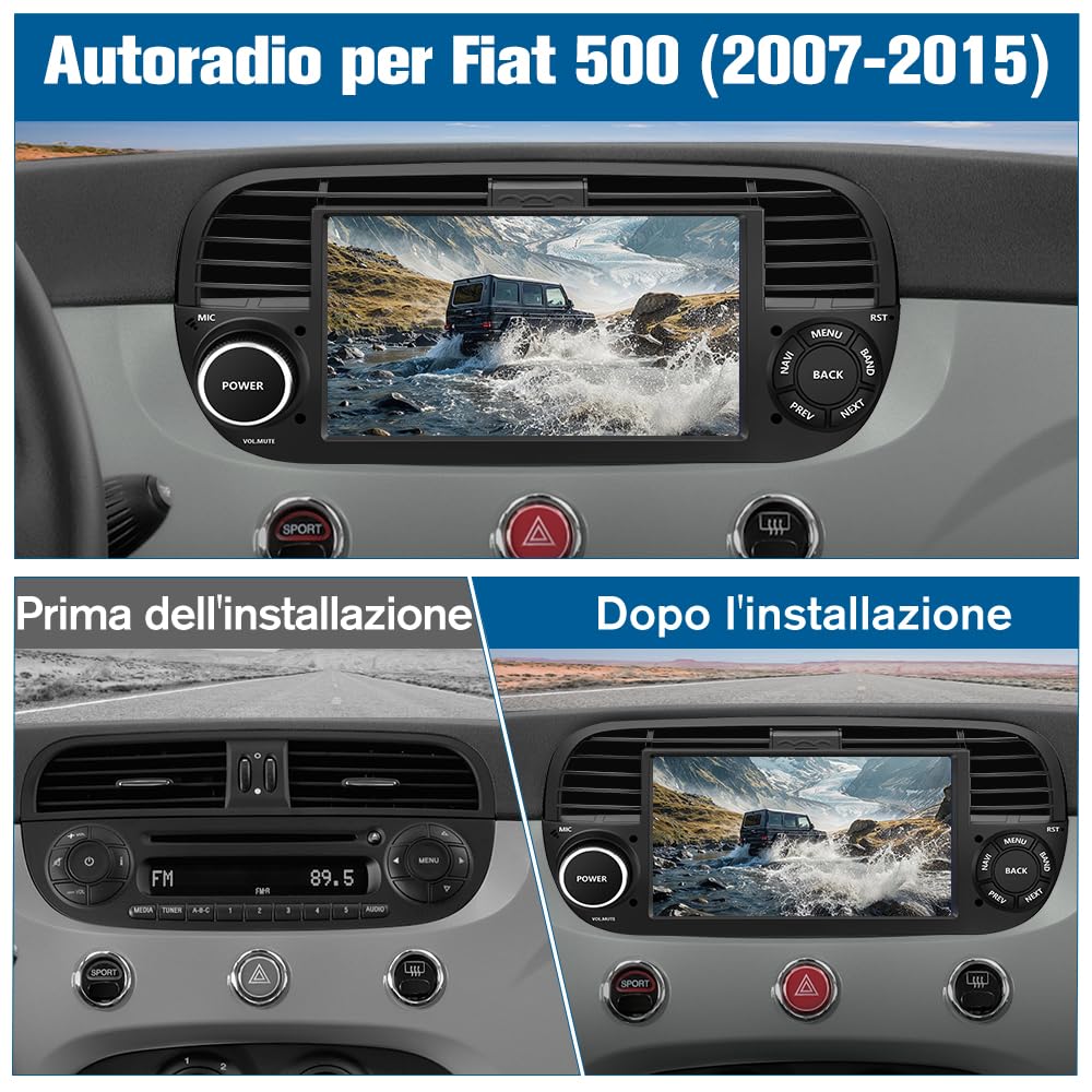 AWESAFE Android 13 Autoradio per FIAT 500 (2007-2015) lo stereo 7 pollici 1 din (4GB＋64GB) Supporto CarPlay Android Auto GPS WIFI Bluetooth MirrorLink (Nero)