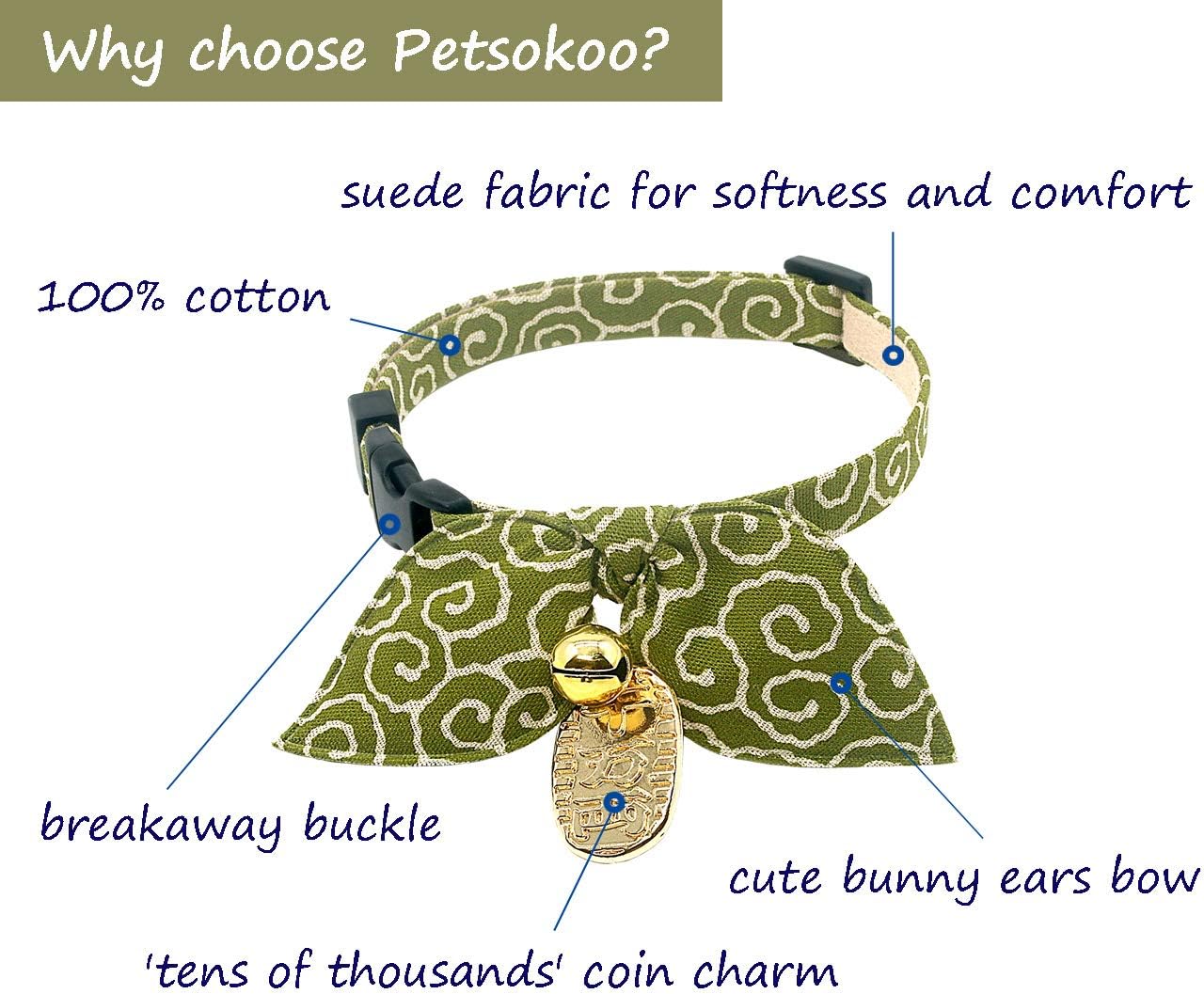Bunny Ears Scarf Bowtie Breakaway Cat Collar.with Bell and Coin Charm.Unique Japan Style.100% Cotton. for Girl Boy Male Female Cute Cat Collar