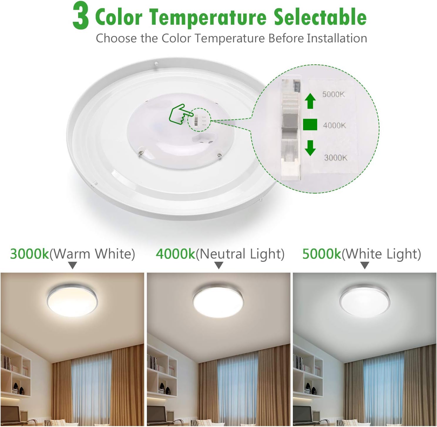 JACKYLED 3 Color Temperature LED Flush Mount Ceiling Light Brushed Nickel 12" 18W 1260lm IP44 Damp Rated Thin Ceiling Light Fixture for Kitchen Bathroom Bedroom (3000K/4000K/5000K),ETL-Listed