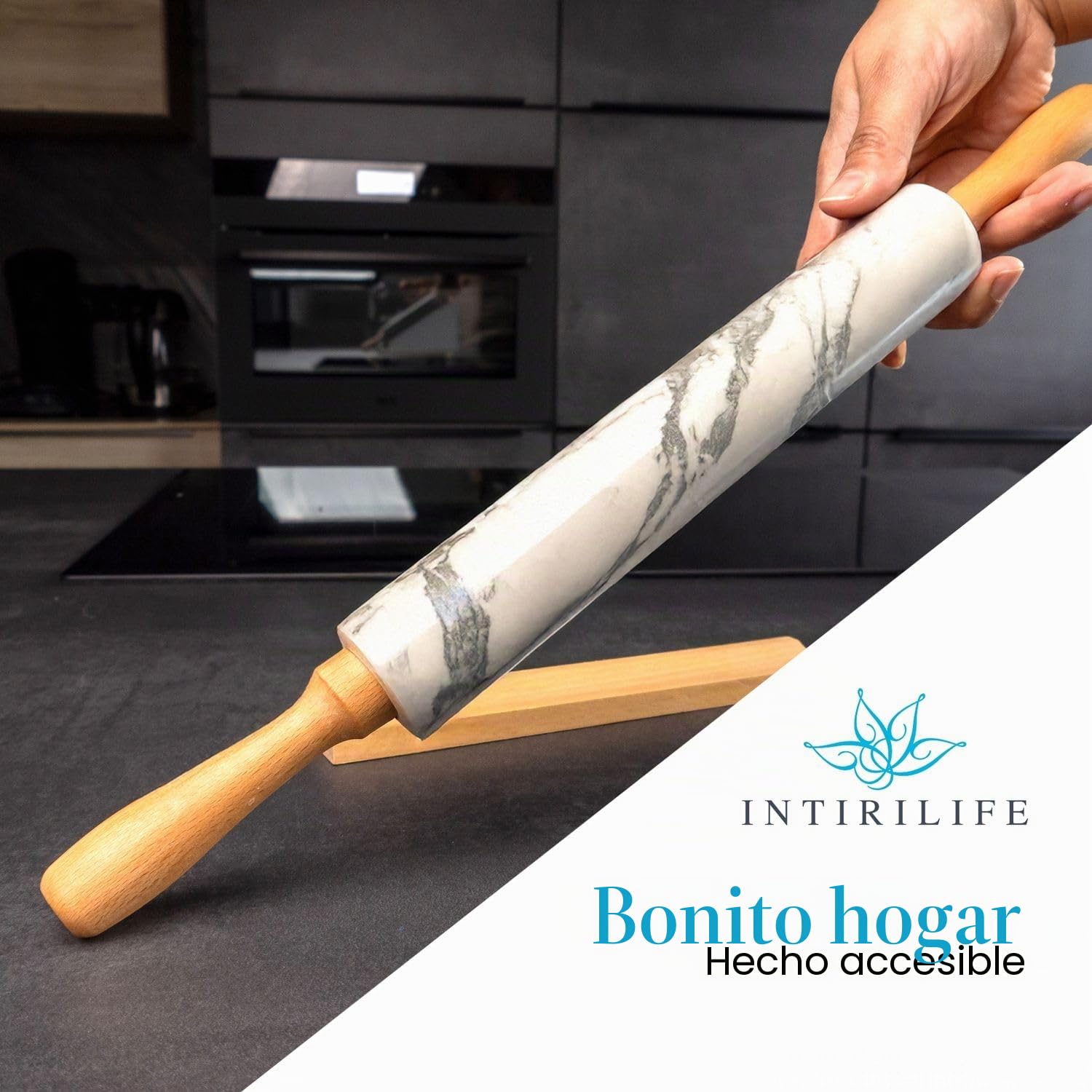 Intirilife Rodillo de mármol con soporte Blanco - 46.5 cm - Rodillo para masa, rodillo de pastelería, rodillo de pizza, de mármol natural para un fácil amasado, fácil de limpiar