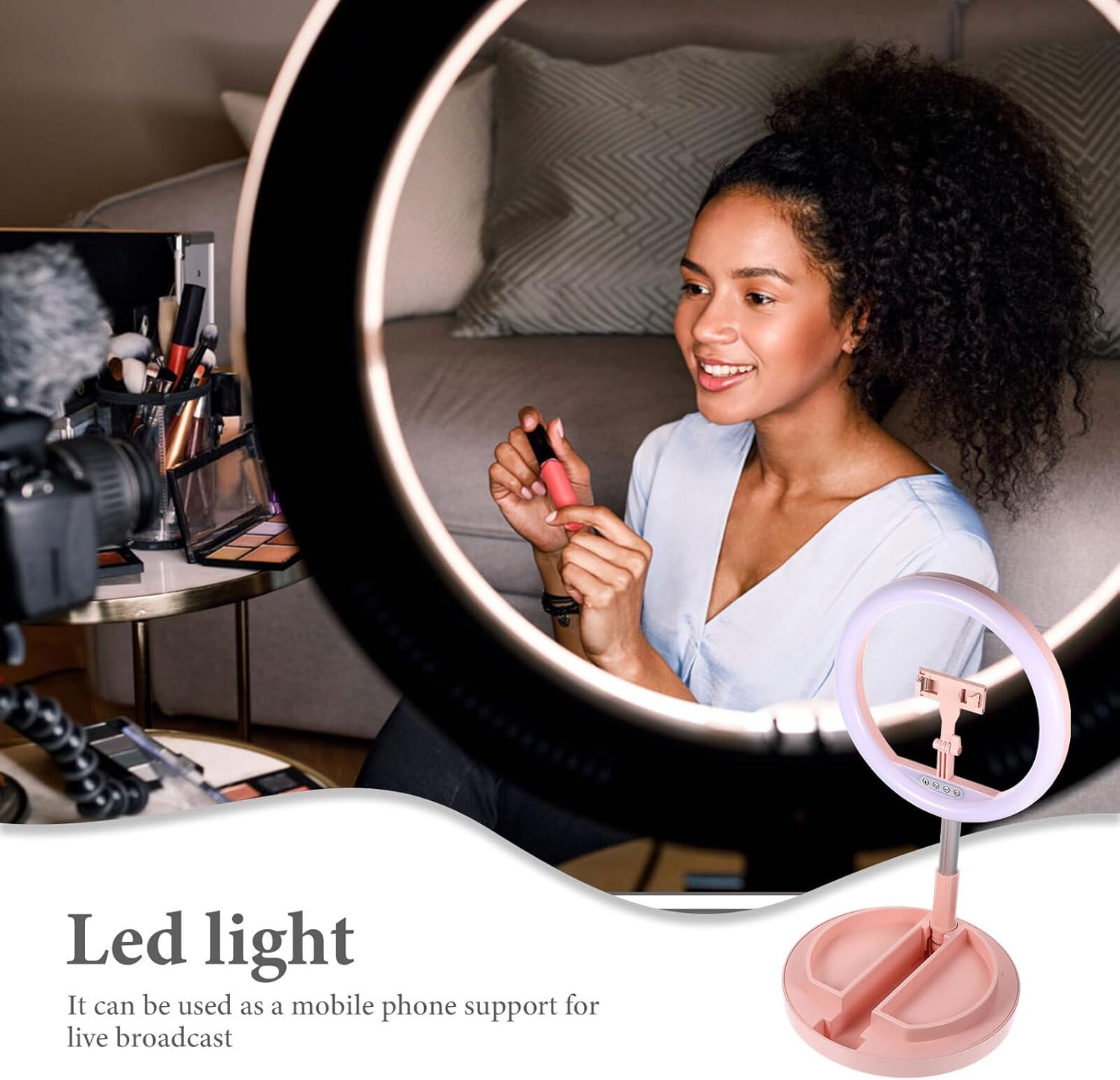Foldable LED Ring Light with Mobile Phone Bracket Three-Color Dimmable Beauty Lamp Fill-in Light for Live Streaming and Photography