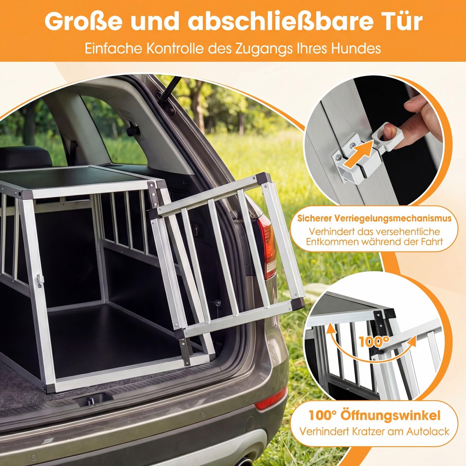 COSTWAY Hundetransportbox, Alu Hundebox mit abschließbarer Tür, herausnehmbarer Trennwand, Reisebox, Hundekäfig trapezförmig für Auto, LKW & Camping, 70 x 54 x 51 cm