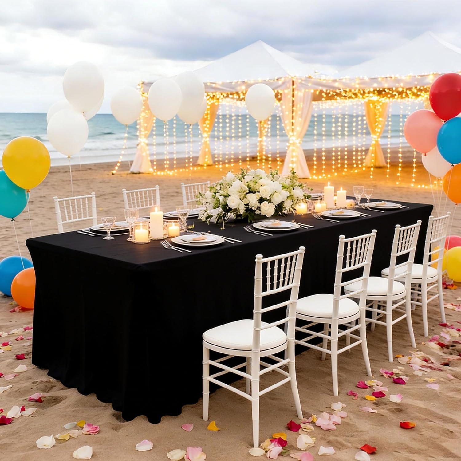 3 Pack Black Spandex Table Cloths for 6 Foot Rectangle Tables, Wrinkle Free Fitted Table Covers 6 Ft Stretch Polyester Tablecloths with Skirt for Party Banquet Wedding Birthday Christmas - Image 3