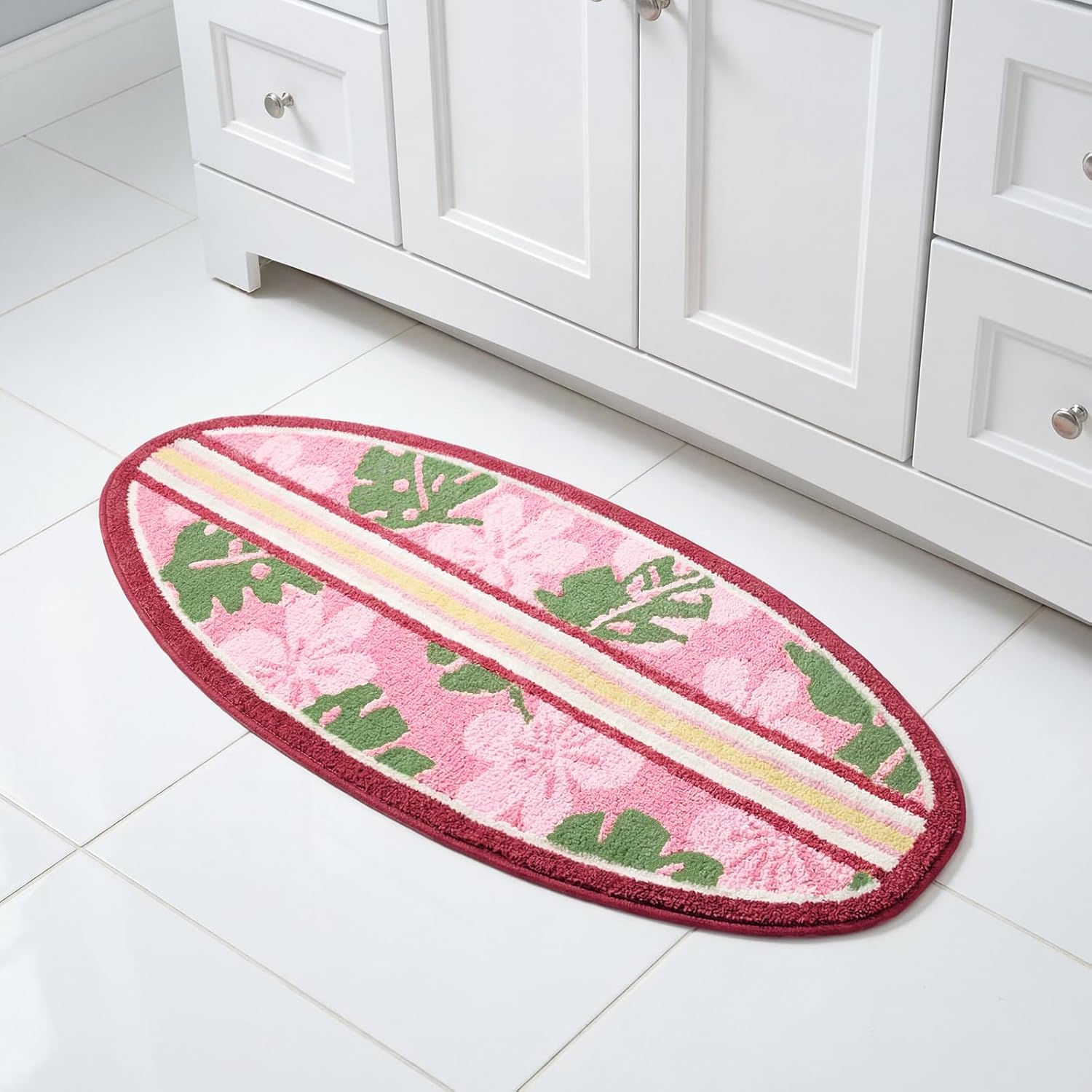 Dunzy Pink Hibiscus Bathroom Rug Cute Surfboard Shaped Bath Mat Non-Slip Flocking Bathtub Rug for Tropical Living Room Bedroom Decor