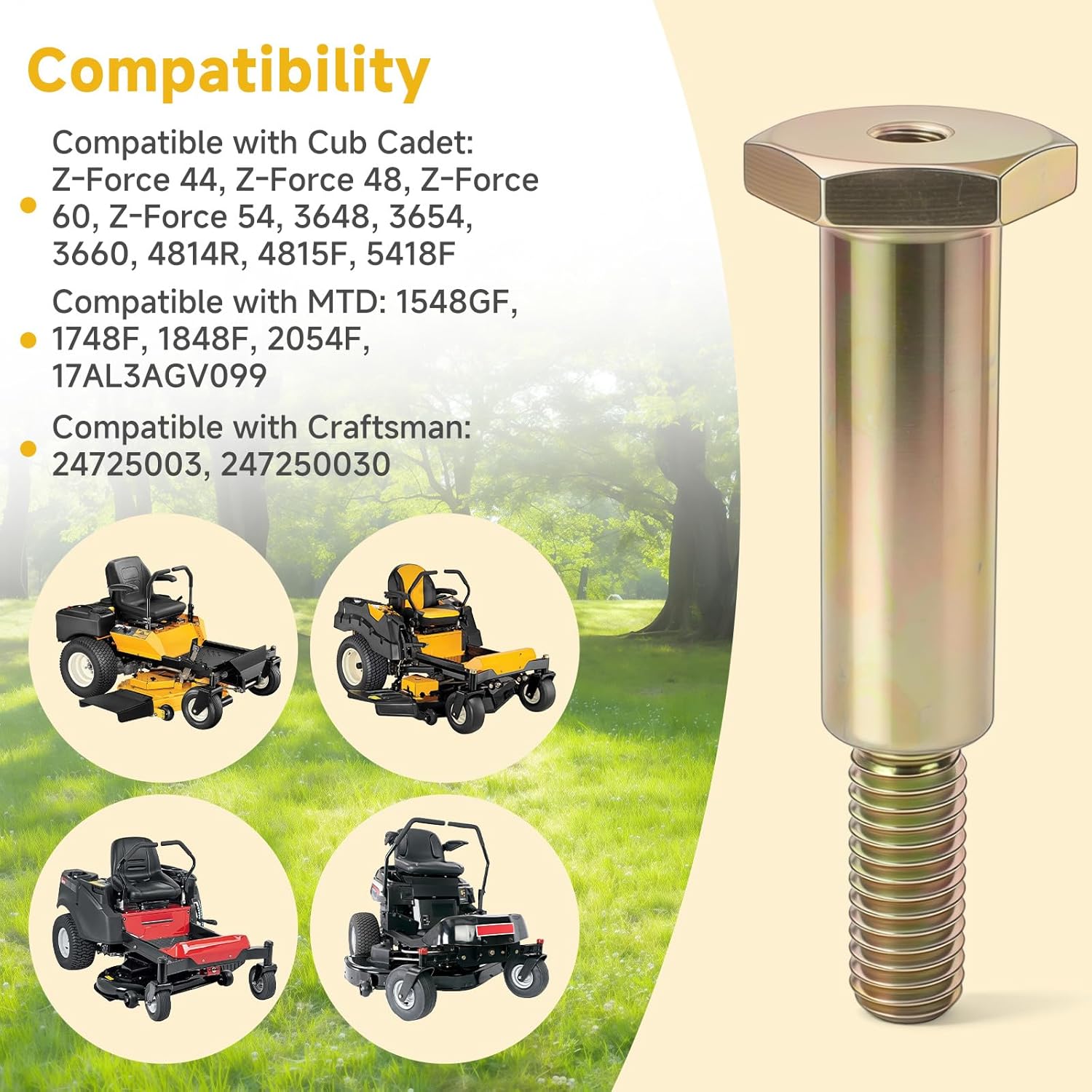 738‑3102 Shoulder Bolt 7/16‑14,Compatible with Cub Cadet, MTD, Craftsman, Z‑Force 44, 4815F Lawn Mower, Lawn Tractor, replacements part number: 738‑3102, 938‑3102, 01000302, 17AE3AGF010, 17AF3AGV099
