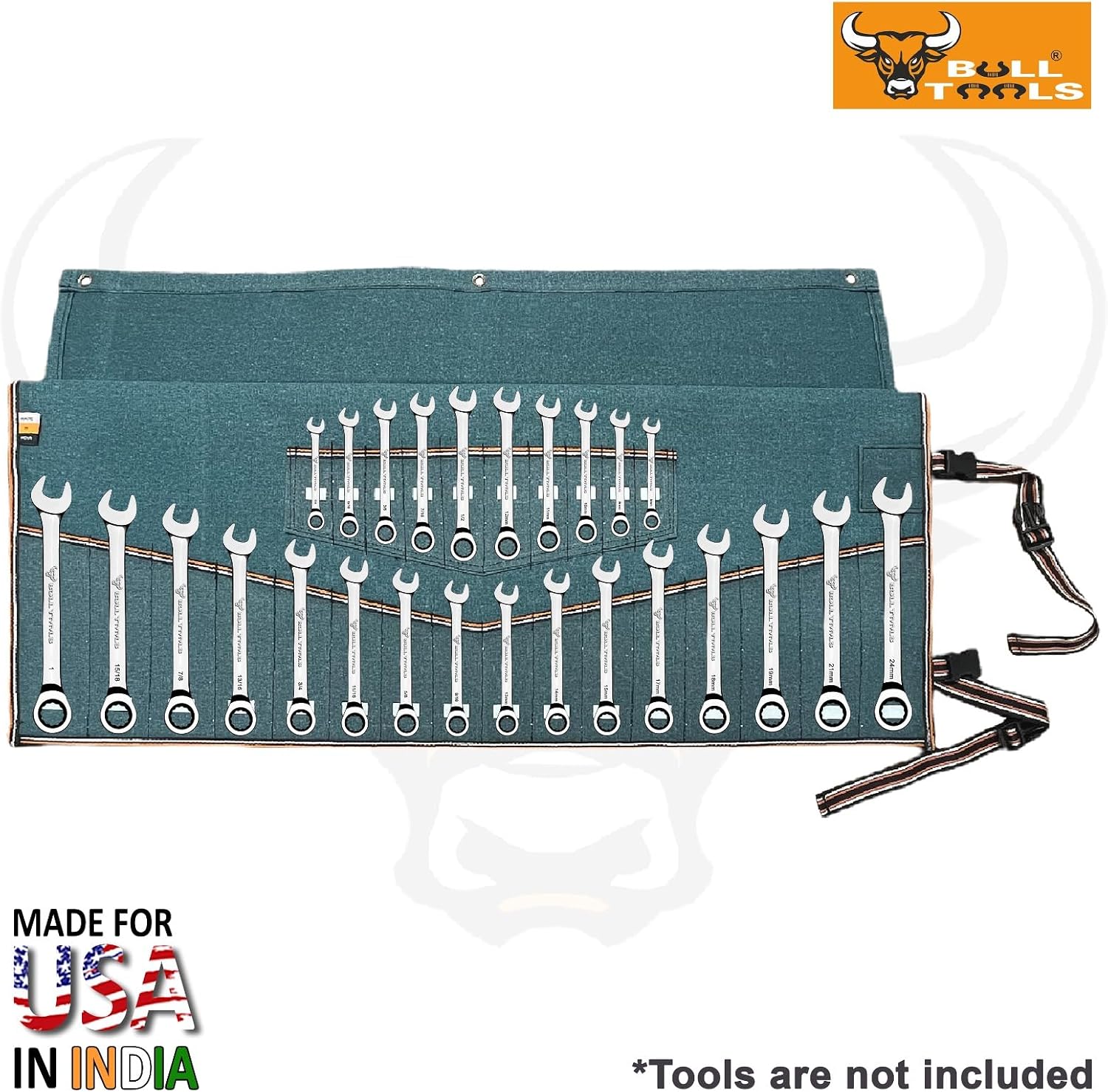 BULL TOOLS 26 Pocket Wrench Organizer Roll Up Pouch with Carry Bag – Heavy Duty Water Repellent Canvas Tool Roll for Metric & SAE Wrenches – Portable Compact Tool Bag Turquoise Green image 2