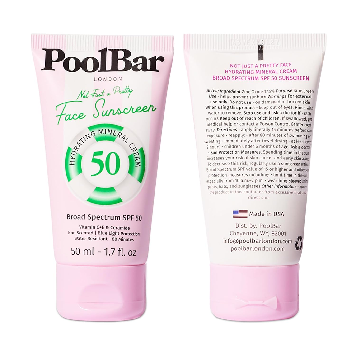 PoolBar Mineral Face Sunscreen Cream for Women and Men Sun Care, SPF 50, Hydrating Mineral, Vitamin C, E, and Ceramide, Non Scented Water Resistant Sunscreen, Blue Light Protection – 50ml