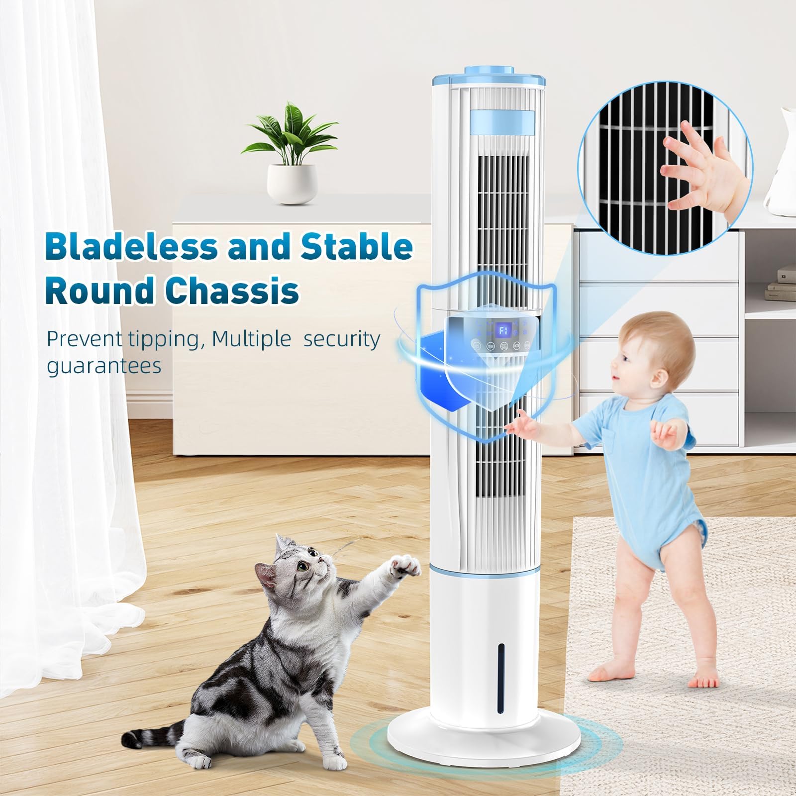 Condizionatore Portatile Senza Tubo, Raffrescatore d'aria 65W Doppio Oscillazione Automatica 360°, Raffrescatore Evaporativo 4 Modalità 3 Velocità con Timer 1-24H Telecomando 4 Impacchi di Ghiaccio