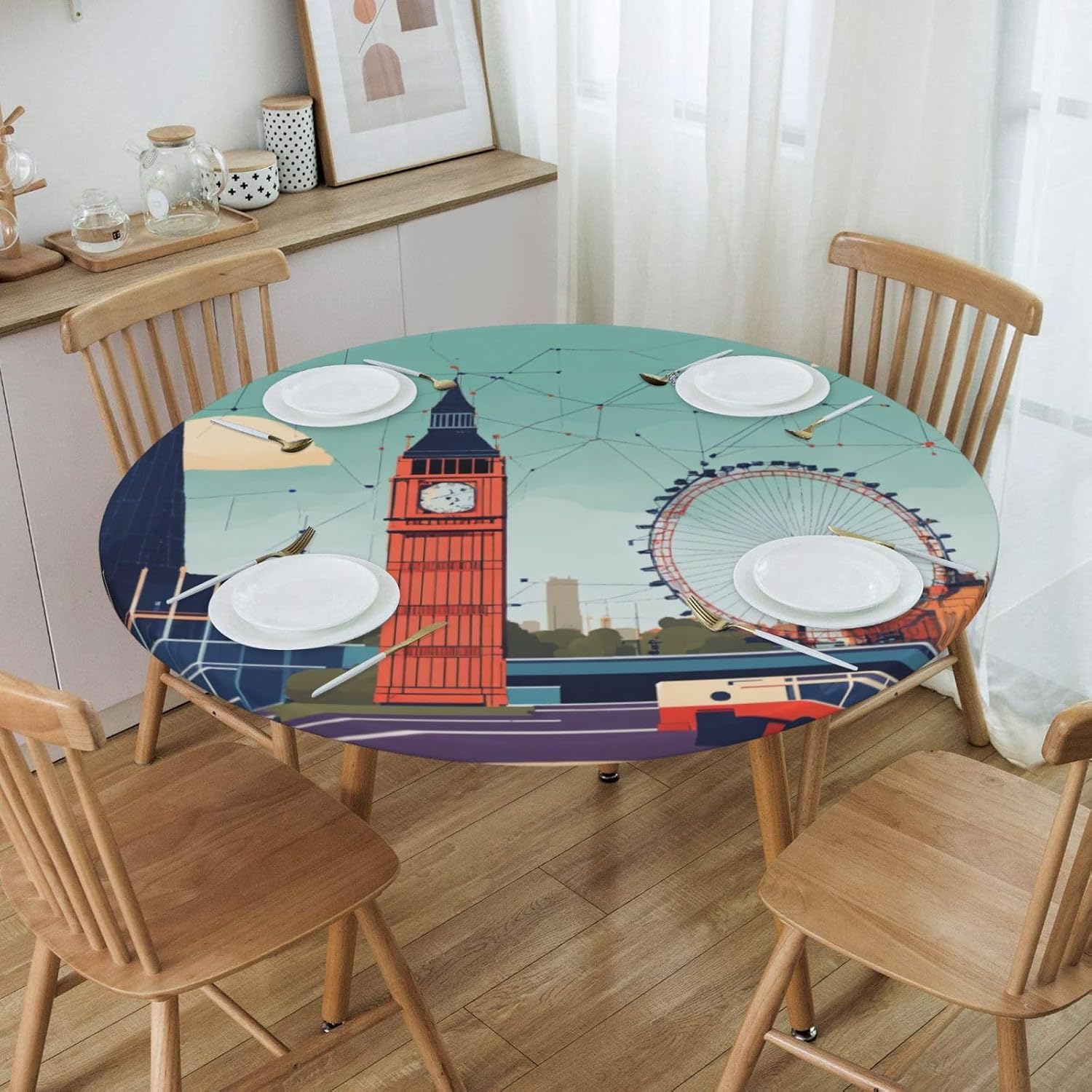 I Love London Print Outdoor Patio Kitchen Decor Supplies Wipeable Round Table Cloth for Indoor Outdoor