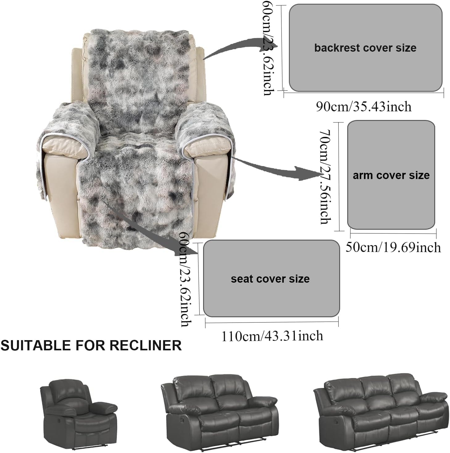 4pcs Recliner Chair Cover Set, Plush Faux Fur Slipcovers for Recliners, Armrests, Sofa & Couch - Soft, Shaggy, Non-Slip Seat Protection & Decor Grey 1 Piece Seat Cover