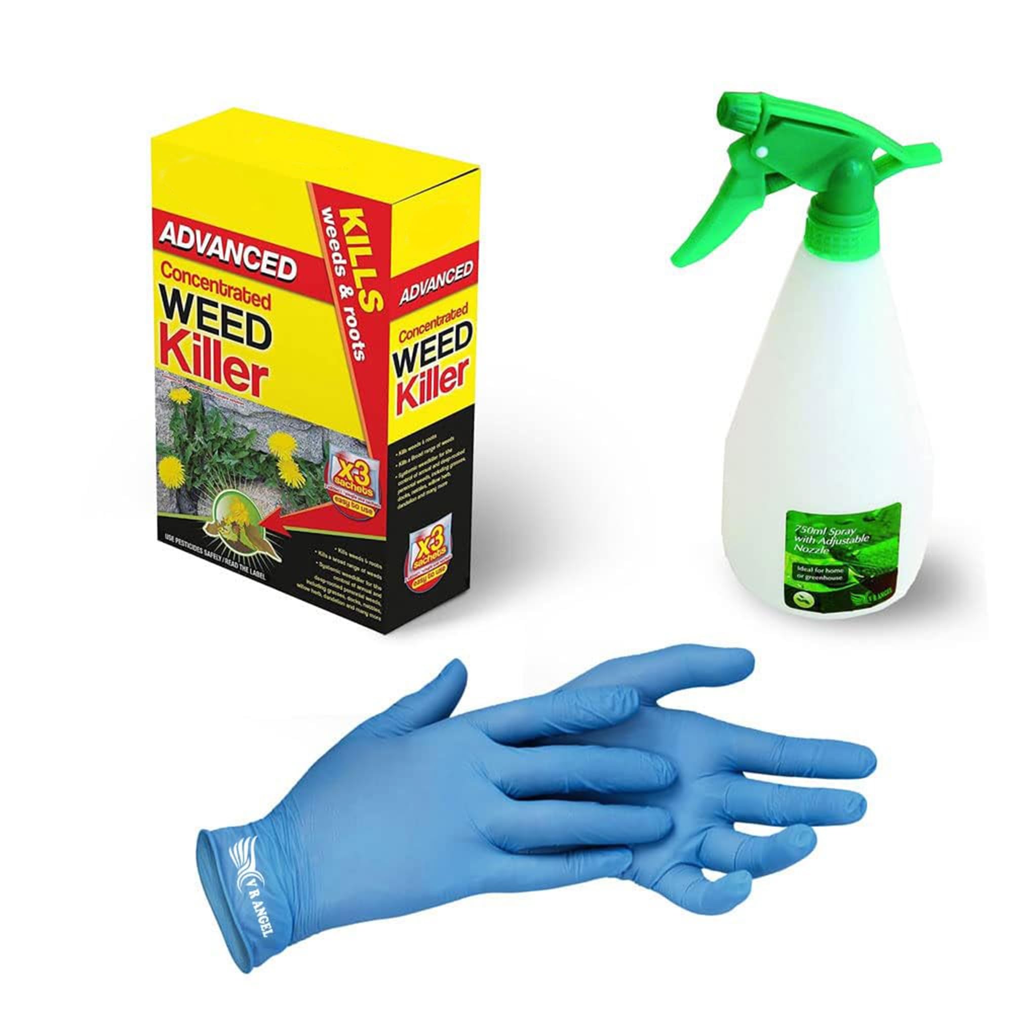 Advanced Concentrated Weedkiller with VR Angel 1 Pair Non-Sterile Gloves & 750ml Plastic Spray Bottle Super Strength and Easy to use Contains Glyphosate kills unwanted vegetation (3 x 80ml Sachet)