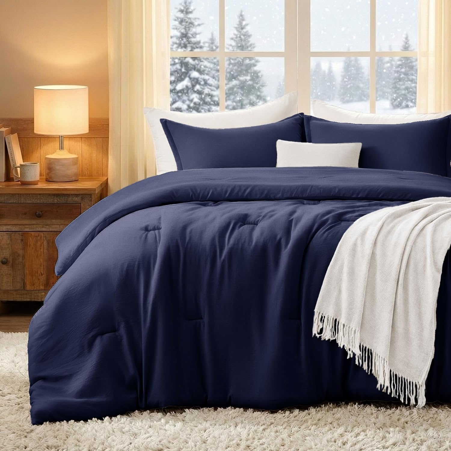 Queen Comforter Sets Navyblue,3PCS Soft Lightweight Breathable Bedding Comforter Sets for All Season, Queen Size(90''×90'' Comforter & 2 Pillowcases)