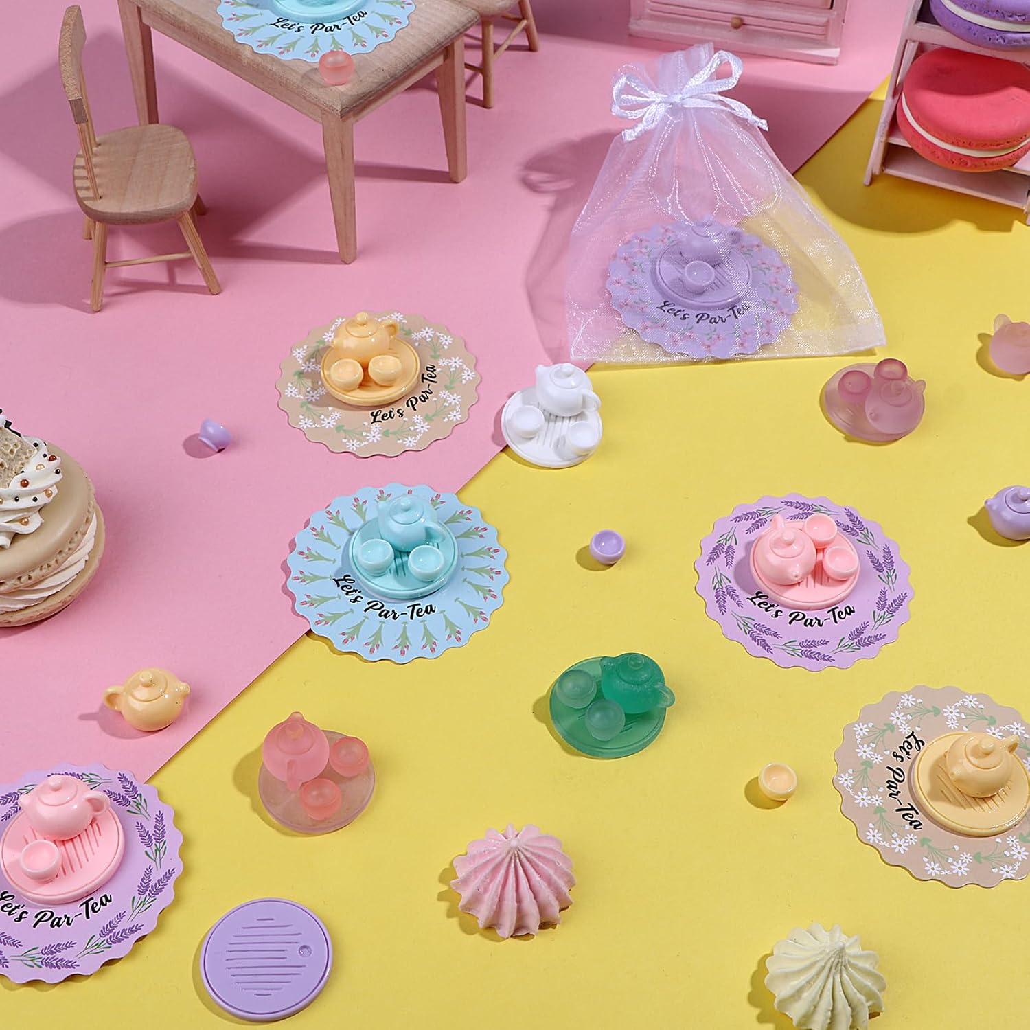 36Sets Tea Party Set for Kids Tea Party Favors Mini Teapots Teacups Set Birthday Gift Resin Figures with Cards 8 Colors Carnival Prizes Tea Themed Real Life Birthday Party Supply