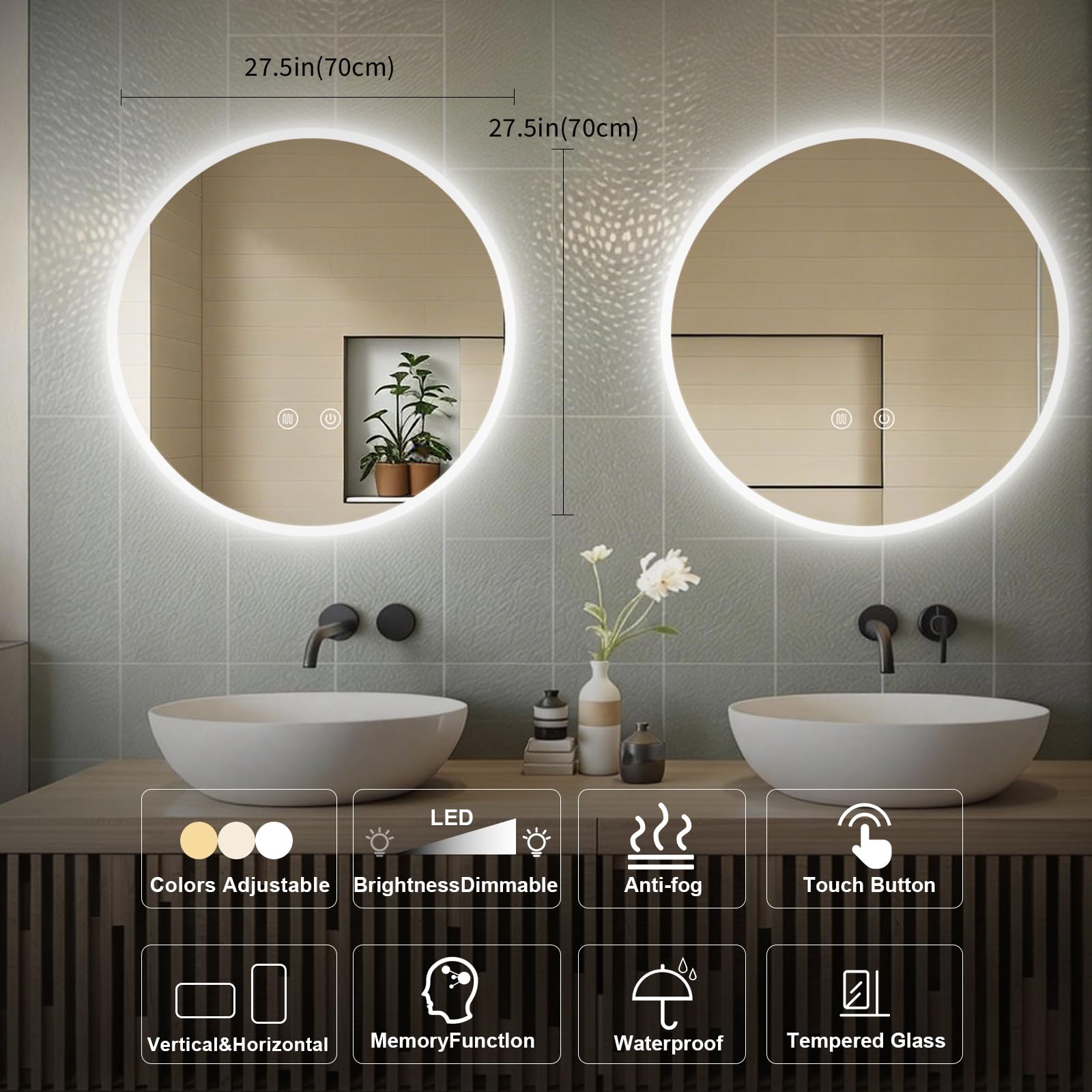 Badspiegel mit Beleuchtung Rund 70cm, Badezimmerspiegel Wandspiegel und Touch-Schalter, IP65-Led-Spiegel-Bad mit Speicherfunktion, 3 Farbtemperatur,dimmbarer,Antibeschlag,HD Hartglas