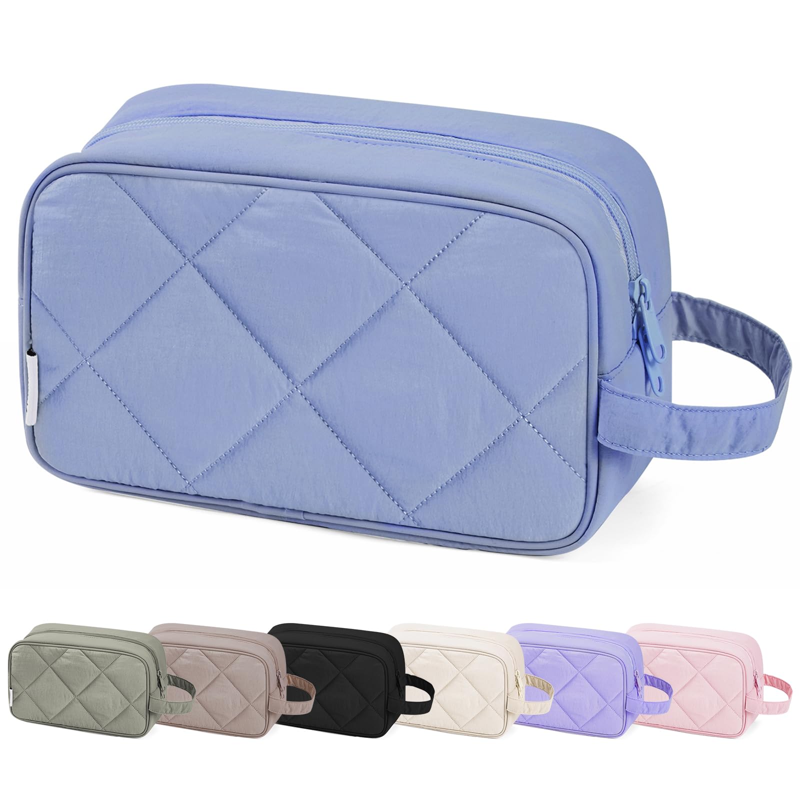 Narwey Große Kosmetiktasche für Damen & Herren - Wasserdichter Kulturbeutel mit Reißverschluss, Schminktasche Reise Essential, Toilettenorganizer für Make-up, Reisezubehör (Gesteppt Hellblau)