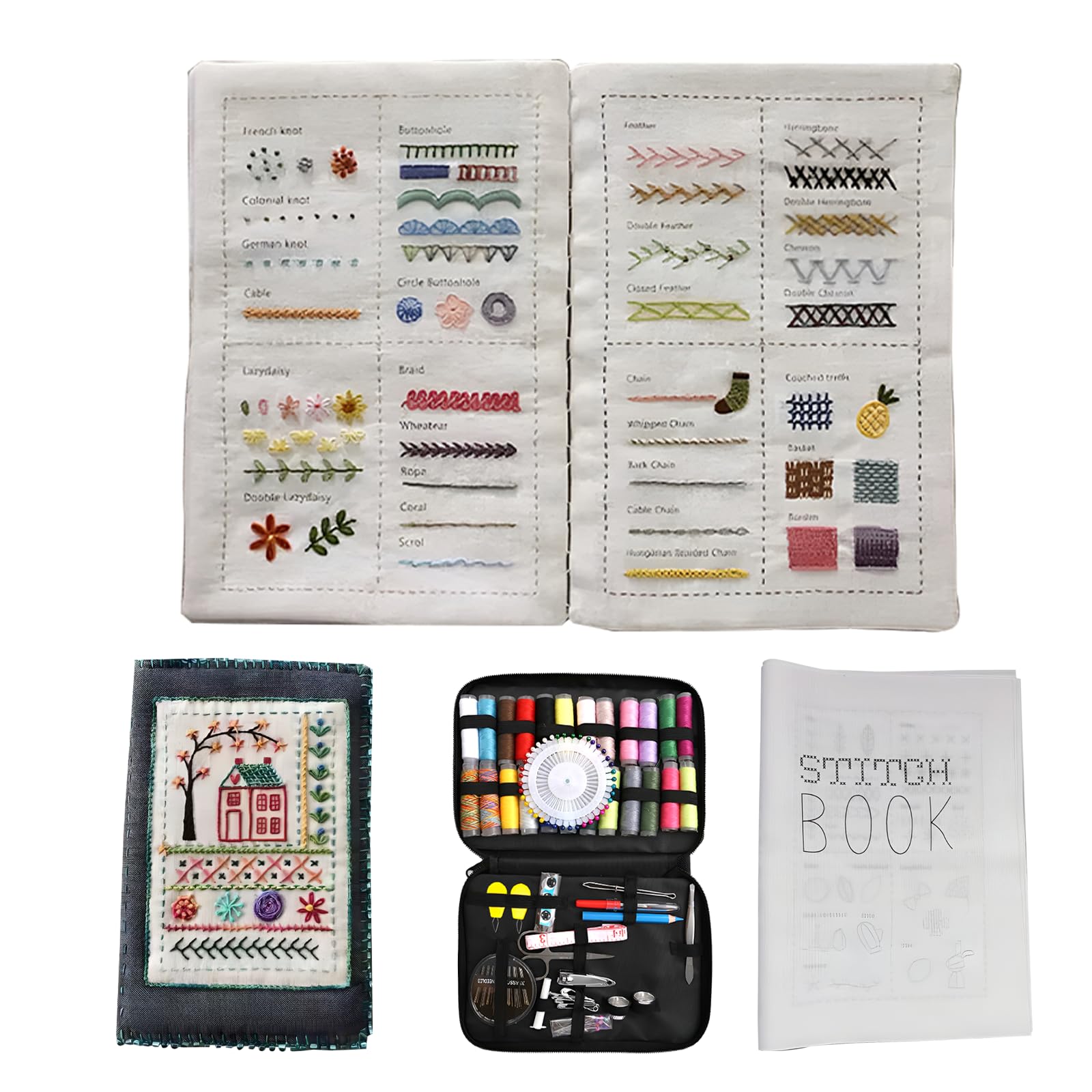 Libro de punto de bordado con kit completo de costura, guía esencial para principiantes y entusiastas de la costura, incluye agujas, hilos y patrones para bordado a mano y punto de cruz