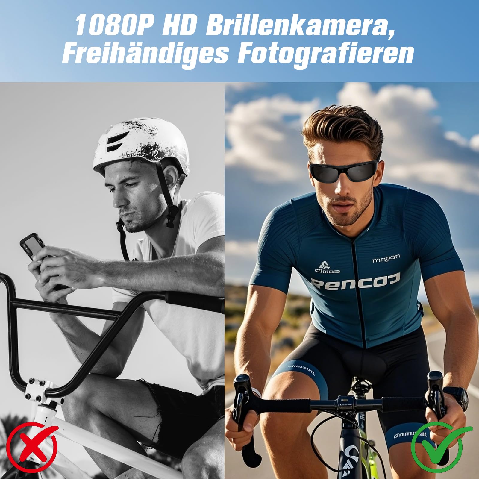 Action Cam, 32GB Sportbrille mit Kamera, Mini Actionkamera 1080P HD, Kleine Videokamera Sonnenbrille Kamera Videoaufzeichnungsbrille unterstützt Foto für Outdoor Aktivitäten UV-Filter