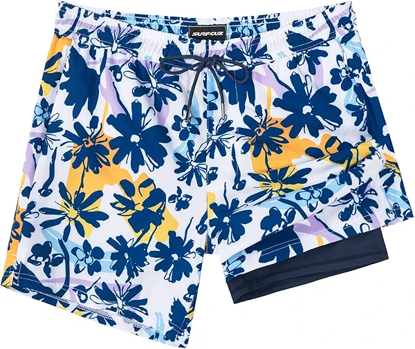 SURF CUZ Mens Swim Trunks with Compression Liner 5" Swim Shorts Quick Dry Bathing Suit Swimming Trunks Zipper Pockets