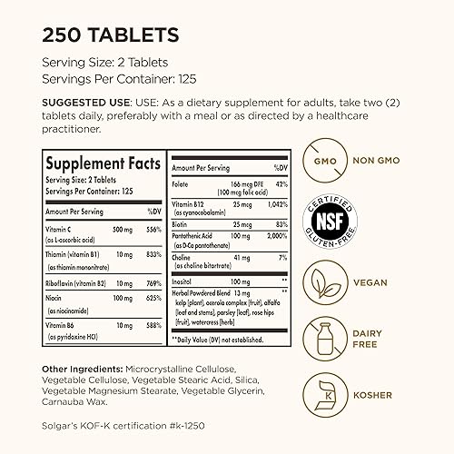 Miniatura 2 de Solgar Complejo B con fórmula de estrés de vitamina C 250 comprimidos metabolismo energético sistema nervioso y apoyo inmunológico sin OMG vegano