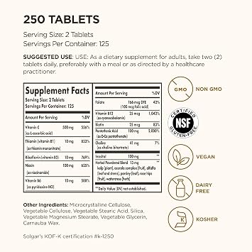 Solgar B-Complex with Vitamin C Stress Formula, 250 Tablets, 125 Servings | Energy Metabolism, Nervous System & Immune Support - Non-GMO, Vegan, Gluten Free, Dairy Free, Kosher