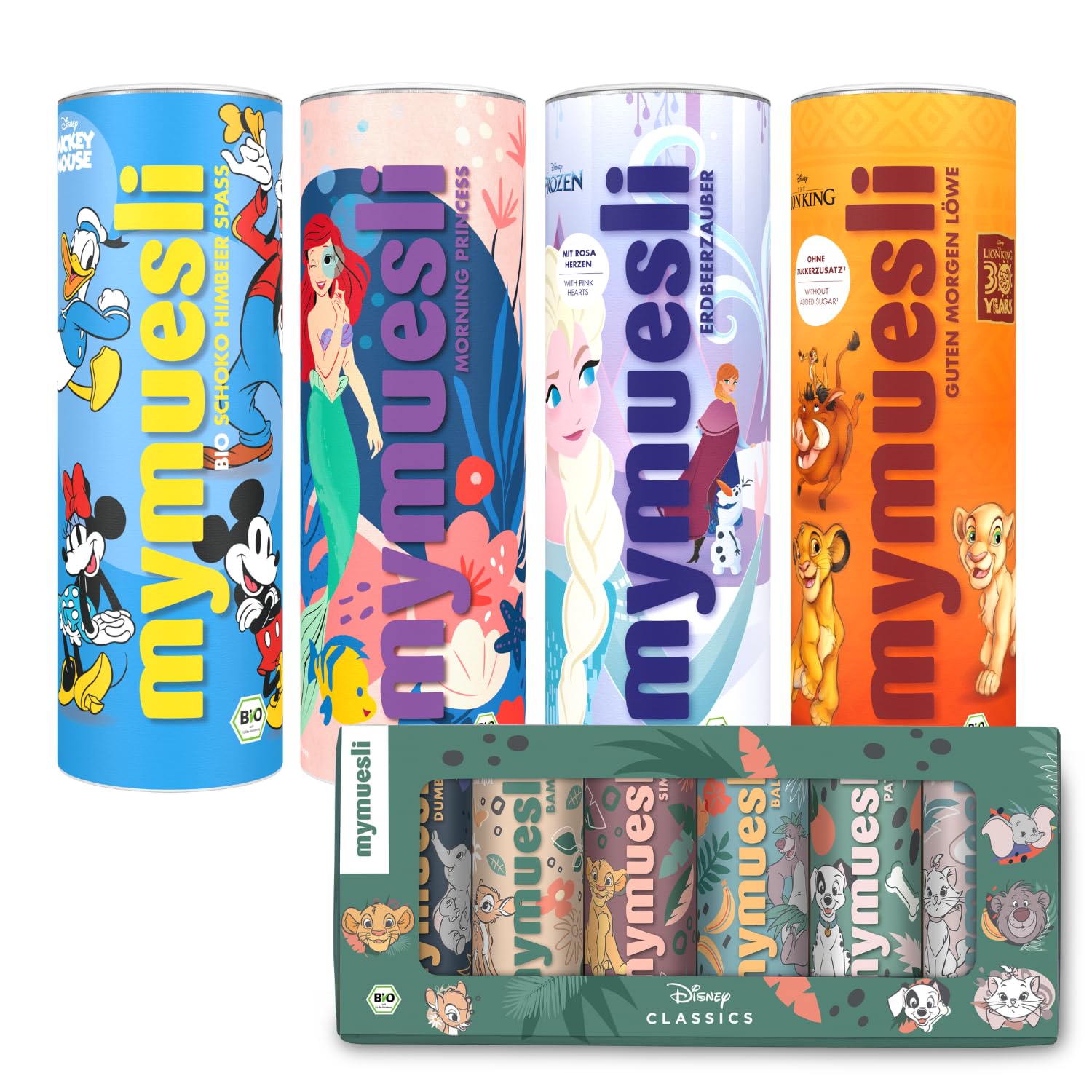 mymuesli Bio Disney Müsli Set (4 Sorten + 6er Geschenkbox) – Zuckerarmes Kinder Bundle mit Morning Princess, Erdbeerzauber, Schoko-Himbeer & Guten Morgen Löwe – Bio Frühstückscerealien, palmölfrei