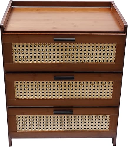 Miniatura 3 de Mesita de noche de bambú natural con 3 cajones, mesa auxiliar de mediados de siglo, para dormitorio, sala de estar, entrada, color marrón oscuro