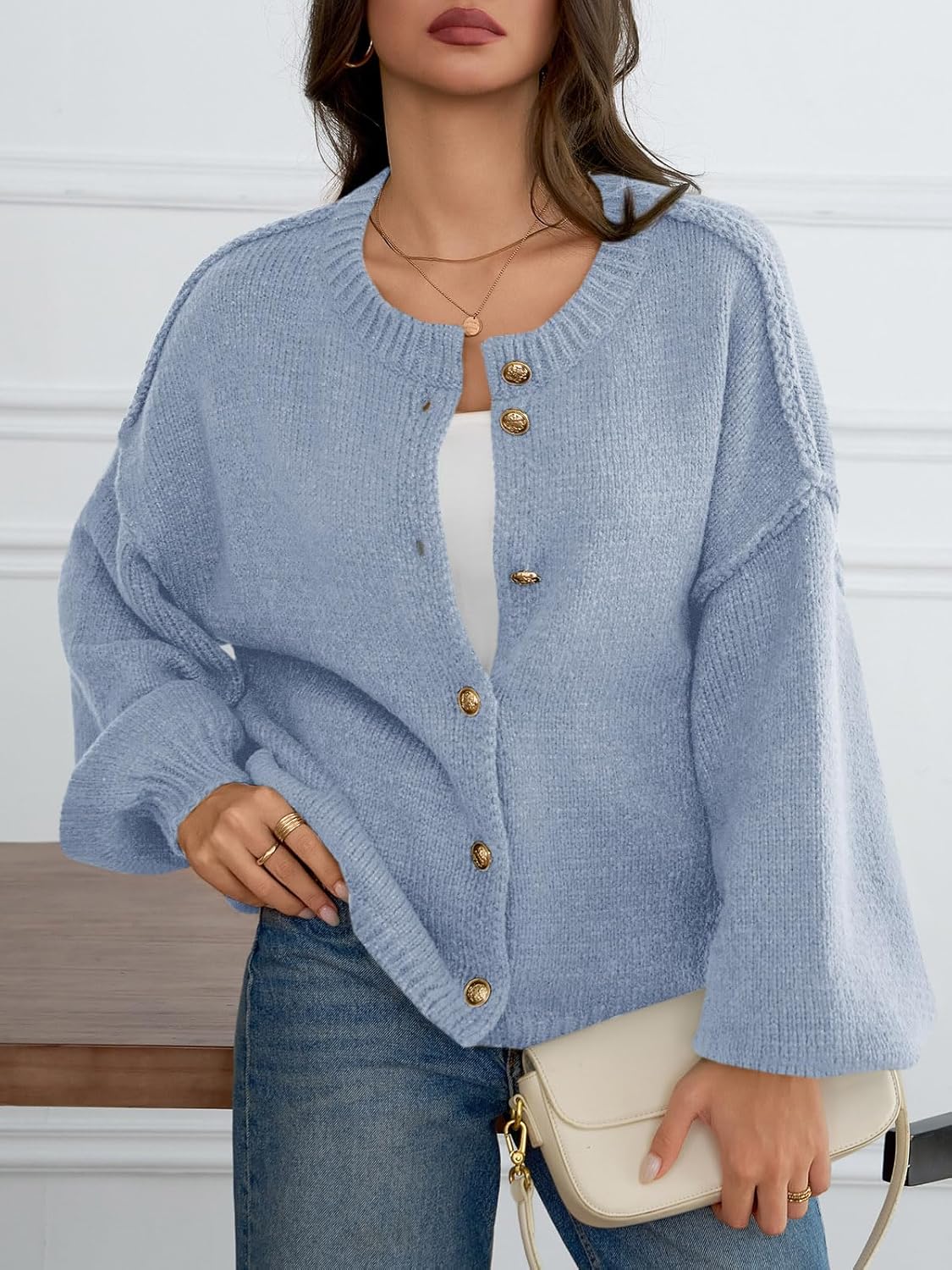 Saodimallsu Womens Oversized Cardigans Button Up Long Lantern Sleeve Chunky Knit Casual Soft Fall Sweater Coats - Image 3