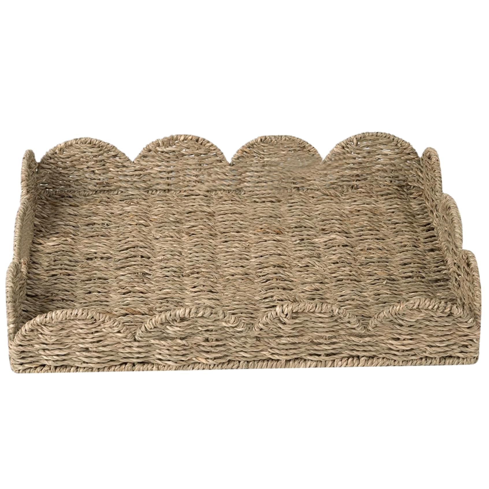 Bandeja rectangular de mimbre de hierba marina rústica con borde festoneado, 19.7 x 14.6 x 3.9 pulgadas, ideal para decoración del hogar, cocina, fiestas y entretenimiento