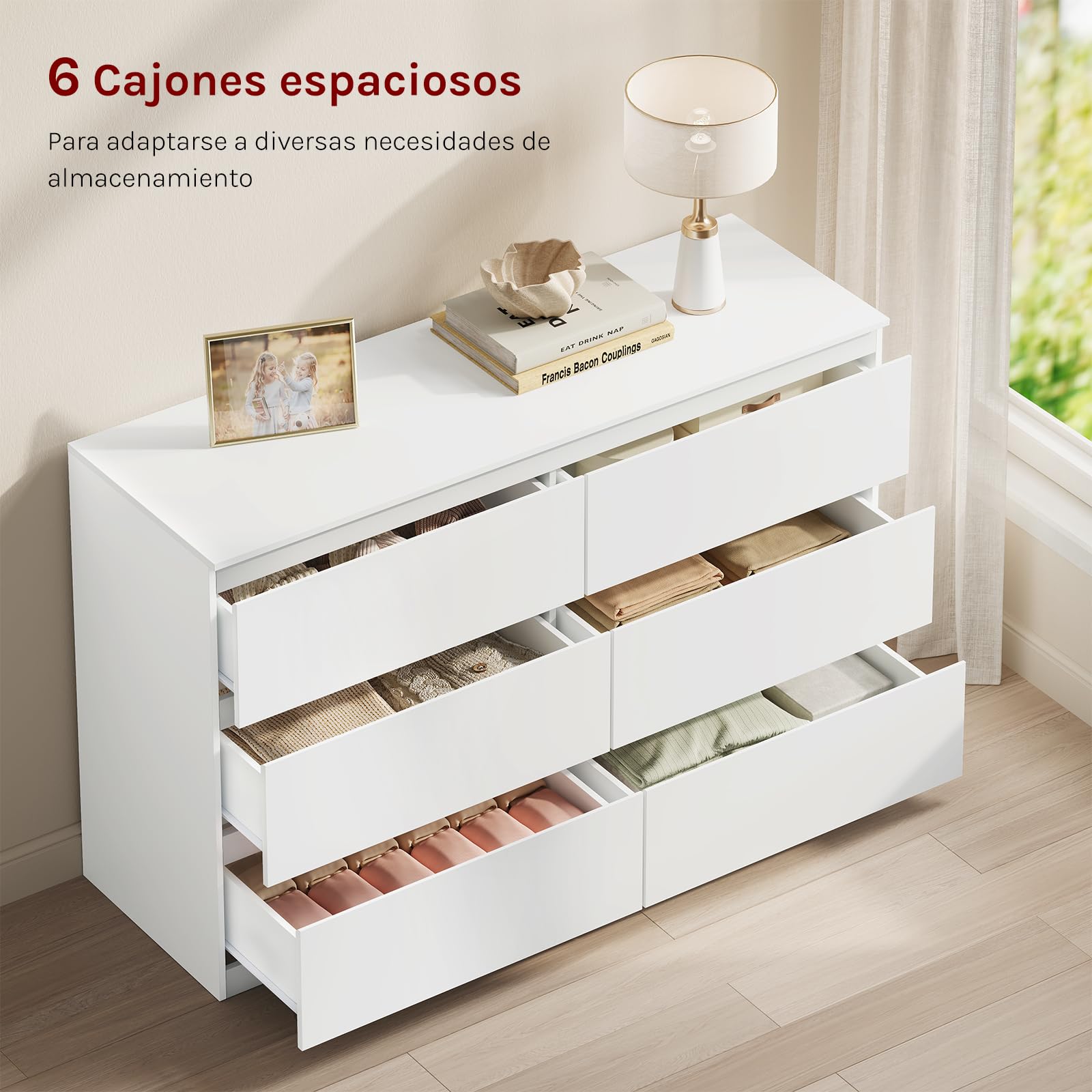 WOLTU Cómoda Cajonera, Cajonera Organizador | 6 Cajones, Moderno, Almacenamiento para Dormitorio, Salón y Pasillo, 120x40x75 cm, Blanco