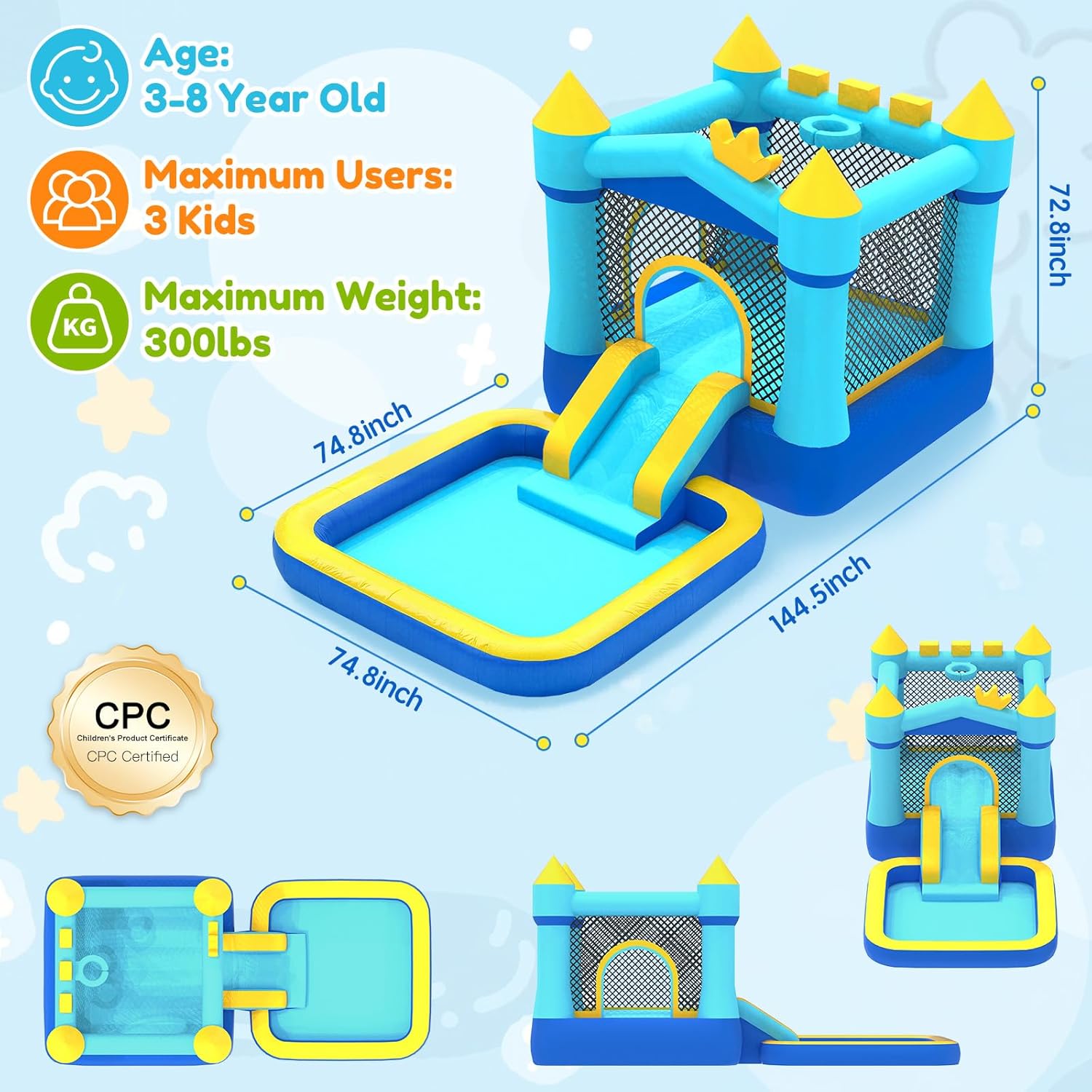 MUKDIY Inflatable Bounce House with Pool & Slide, 12x6.2ft Water Park Jumping Castle for Kids,Heavy-Duty 840D Oxford Fabric, Ages 3-8, Includes 350W Blower, 8 Stakes, Repair Kit (Up to 3 Kids), Blue