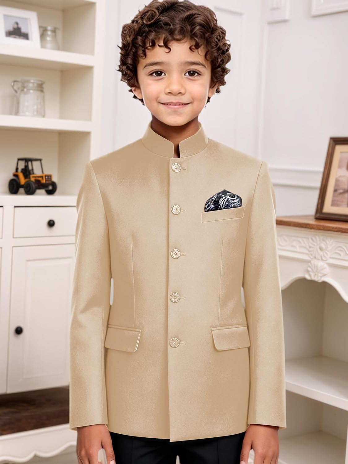 Boys Blazer Mandarin Collar Suit Jacket for Boy Slim Fit Traditional Chinese Tunic Blazer Sport Coat for Kids
