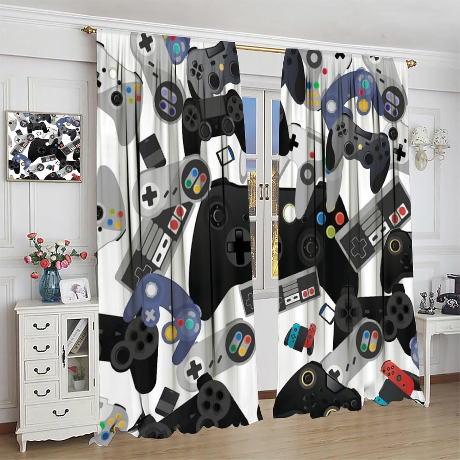 Gamer Curtains, Gamepad Modern Controller Games Console Window Curtains for Boys Girls Kids Room Bedroom Living Room 42" W X 45" L