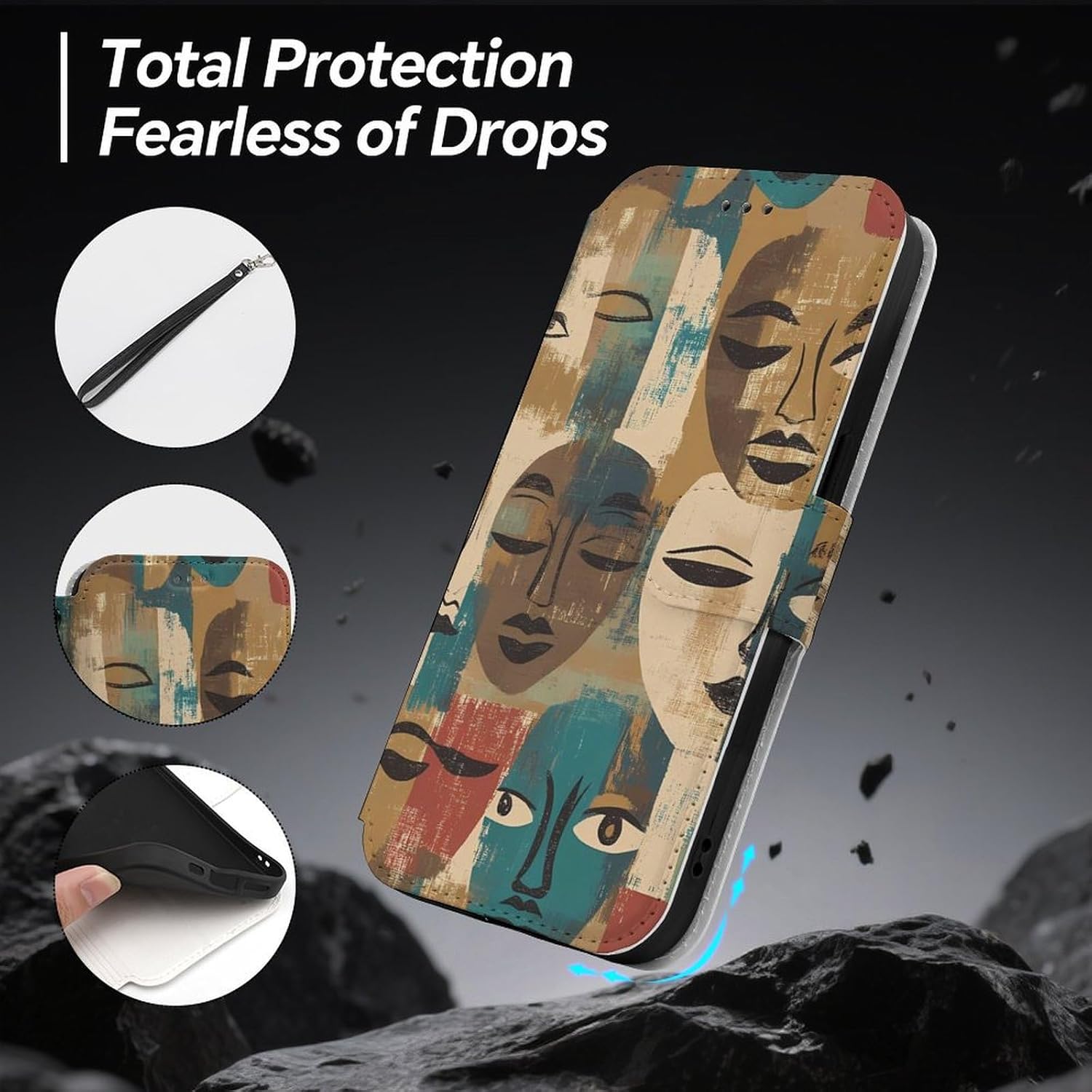 African Faces Art Masks Compatible with iPhone 16/16 Plus/16 Pro/16 Pro Max/16 E Case Phone Wallet Card Holder Flip Cover with Wrist Strap