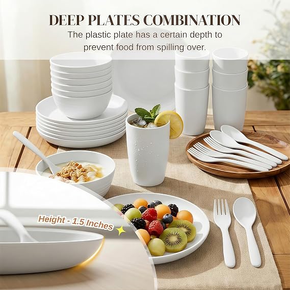 Wrova Reusable Plates and Bowls Set 48-Piece Plastic Dinner Cutlery Set | Lightweight Plate Set - Service for 8 Microwave & Dishwasher Safe Dinner Service for Camping & Picnic - White