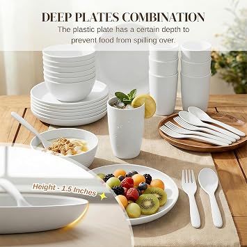 Wrova Reusable Plates and Bowls Set 48-Piece Plastic Dinner Cutlery Set | Lightweight Plate Set - Service for 8 Microwave & Dishwasher Safe Dinner Service for Camping & Picnic - White