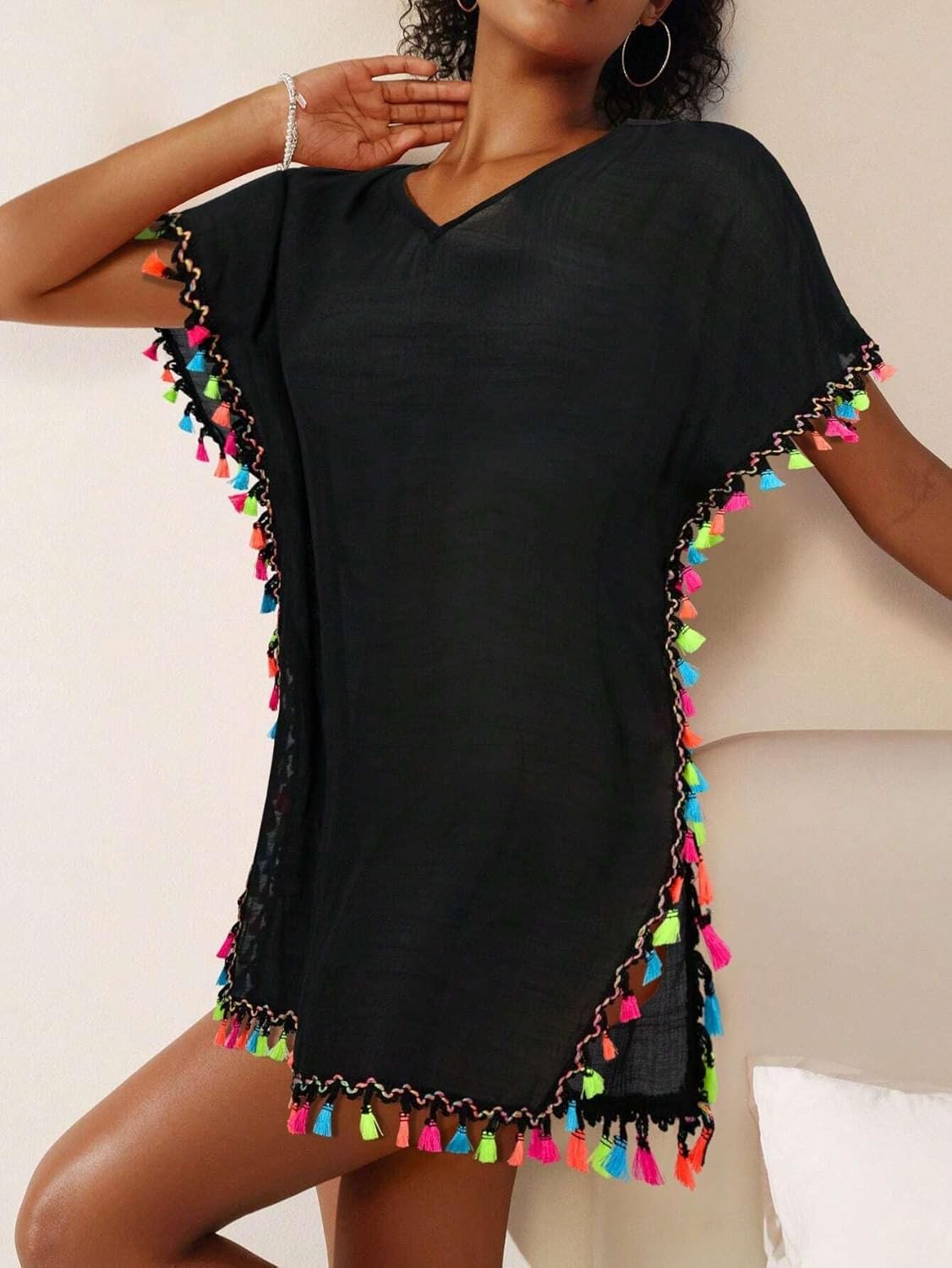 Women's V-Neck Loose Straight Cover Up Dress With Pom-Poms Trim Summer cover ups for swimwear