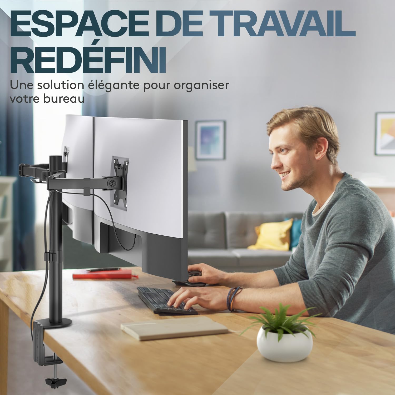 ACROPAQ - Support ecran PC 2 ecran - Pour ecrans de 13 à 32 pouces, Pivotant à 360°, Montage rapide, Hauteur et angle réglables individuellement - Bras Ecran PC, Support double ecran PC - Noir